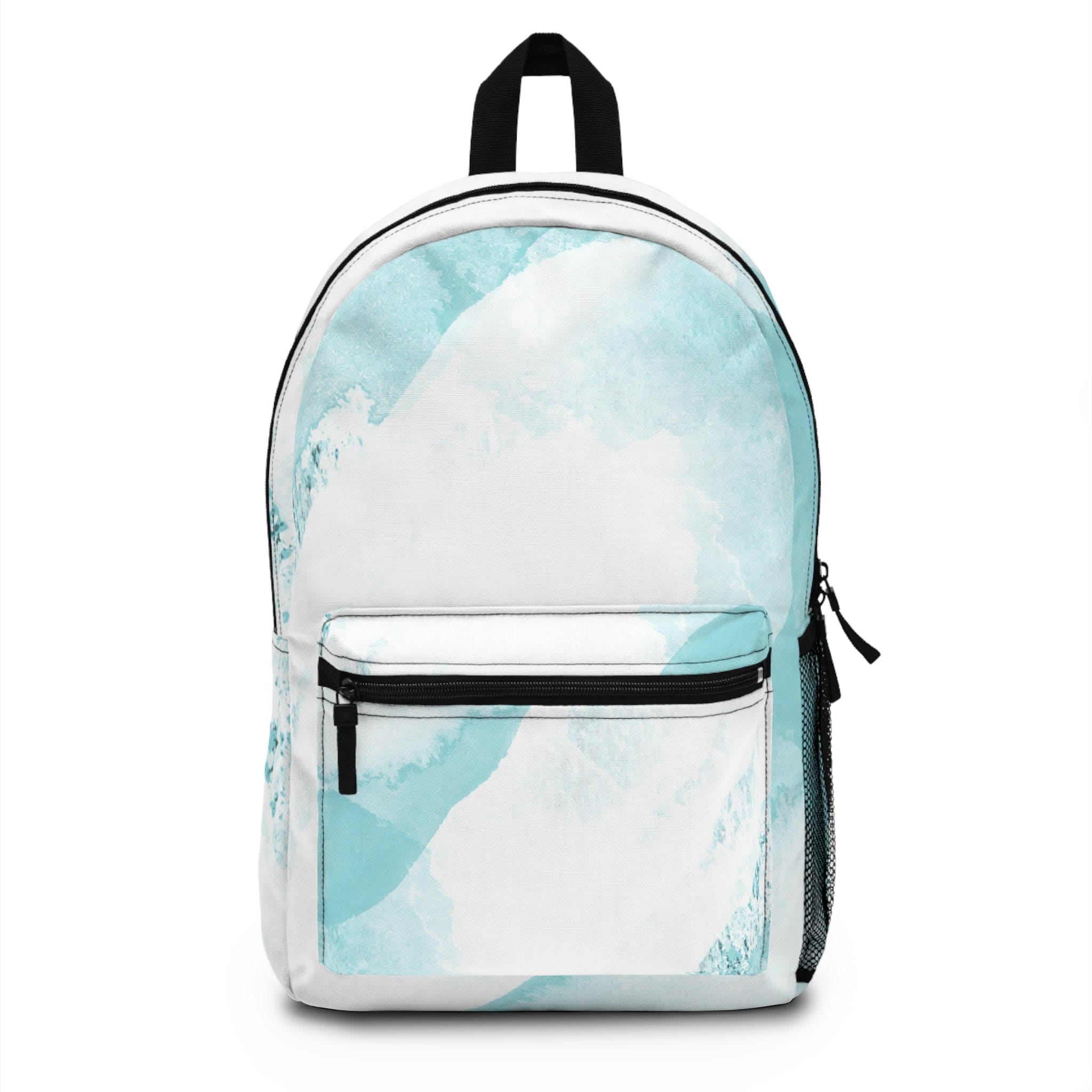 Large water-resistant backpack featuring a subtle abstract ocean blue and white print, designed for durability and style.