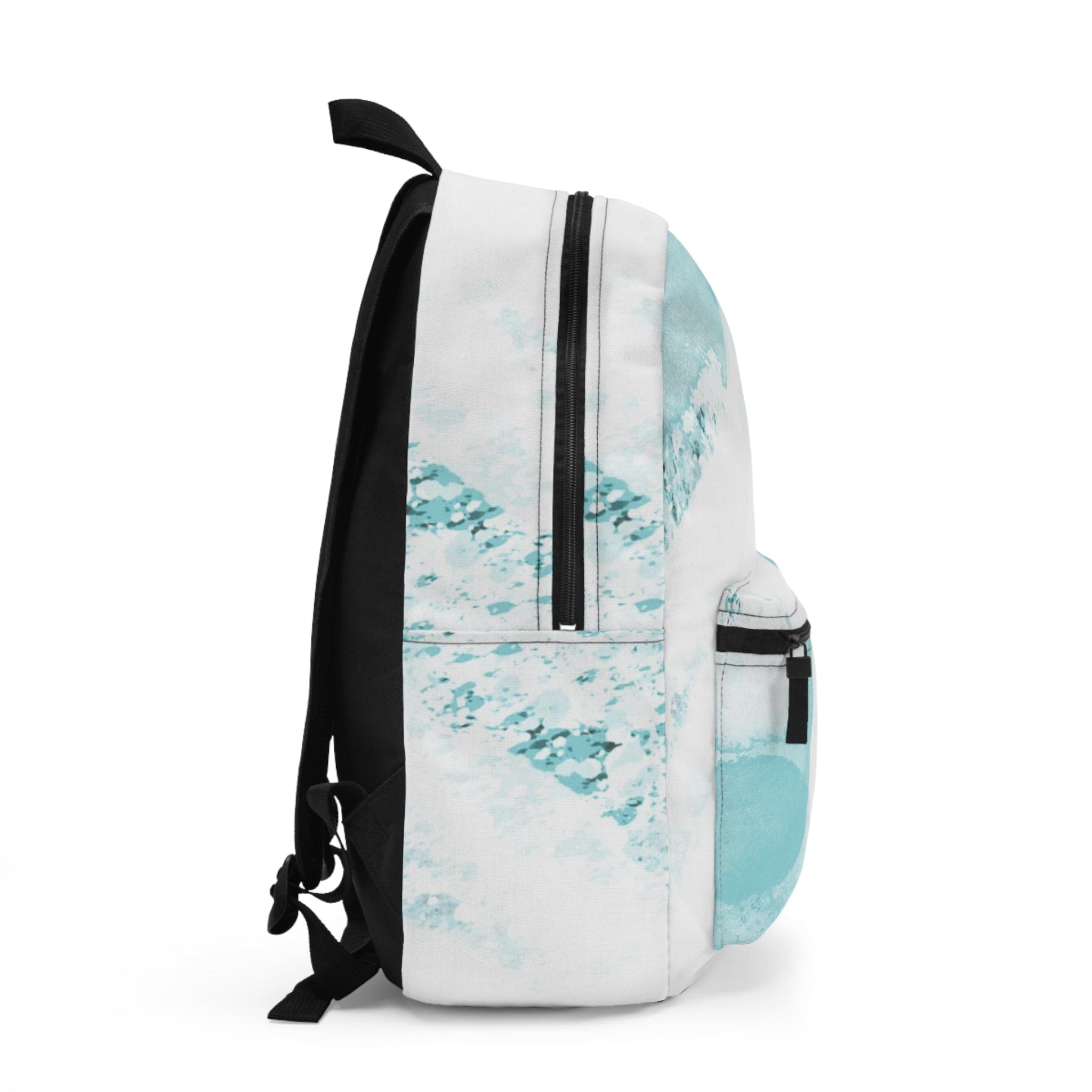 Large water-resistant backpack featuring a subtle abstract ocean blue and white print, designed for durability and style.