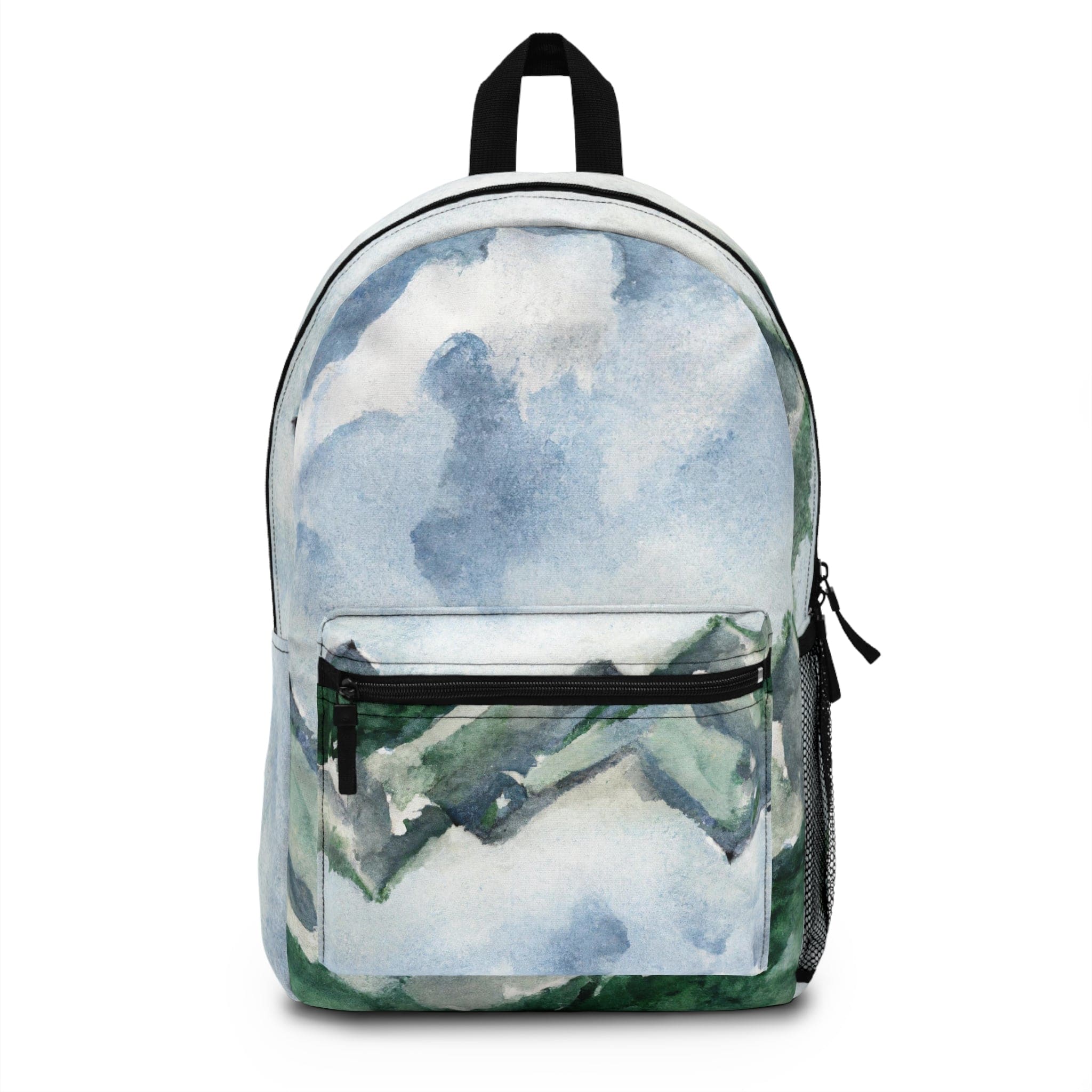 A stylish water-resistant backpack featuring a green mountainside landscape and blue sky print, perfect for outdoor adventures.