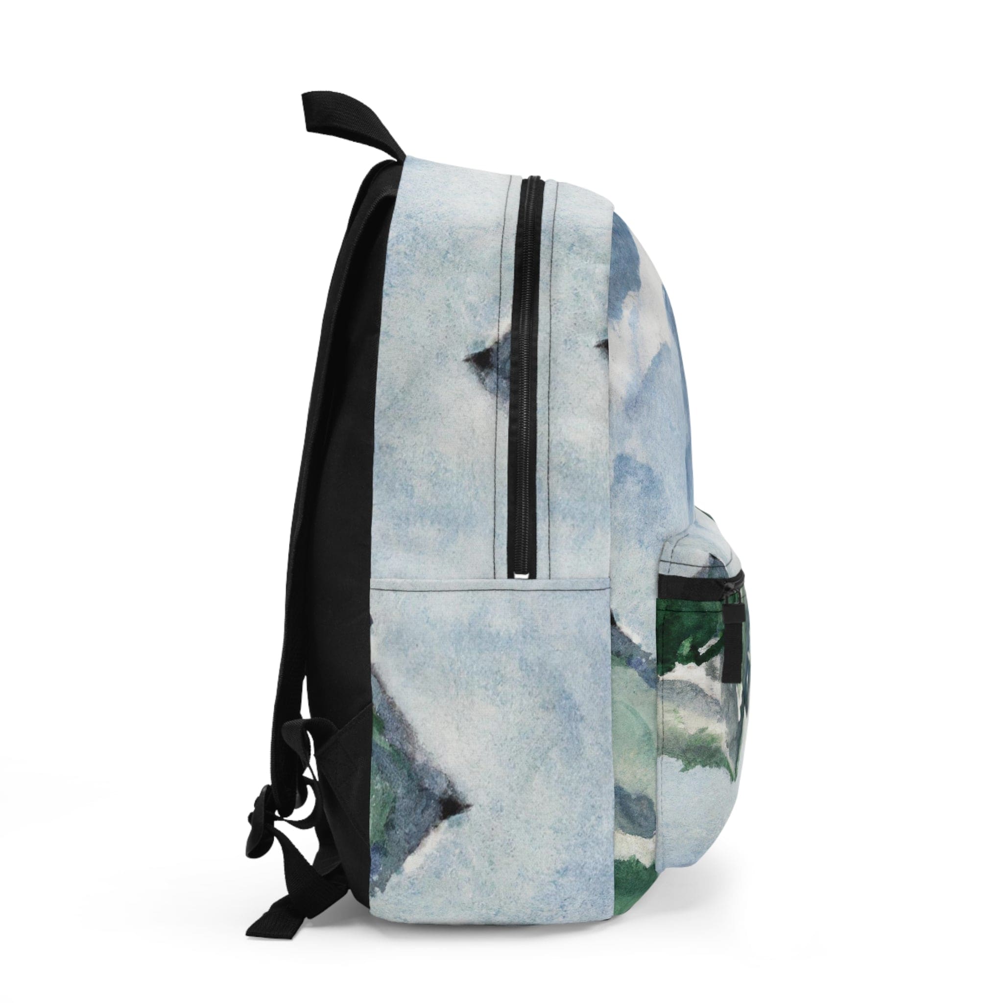 A stylish water-resistant backpack featuring a green mountainside landscape and blue sky print, perfect for outdoor adventures.