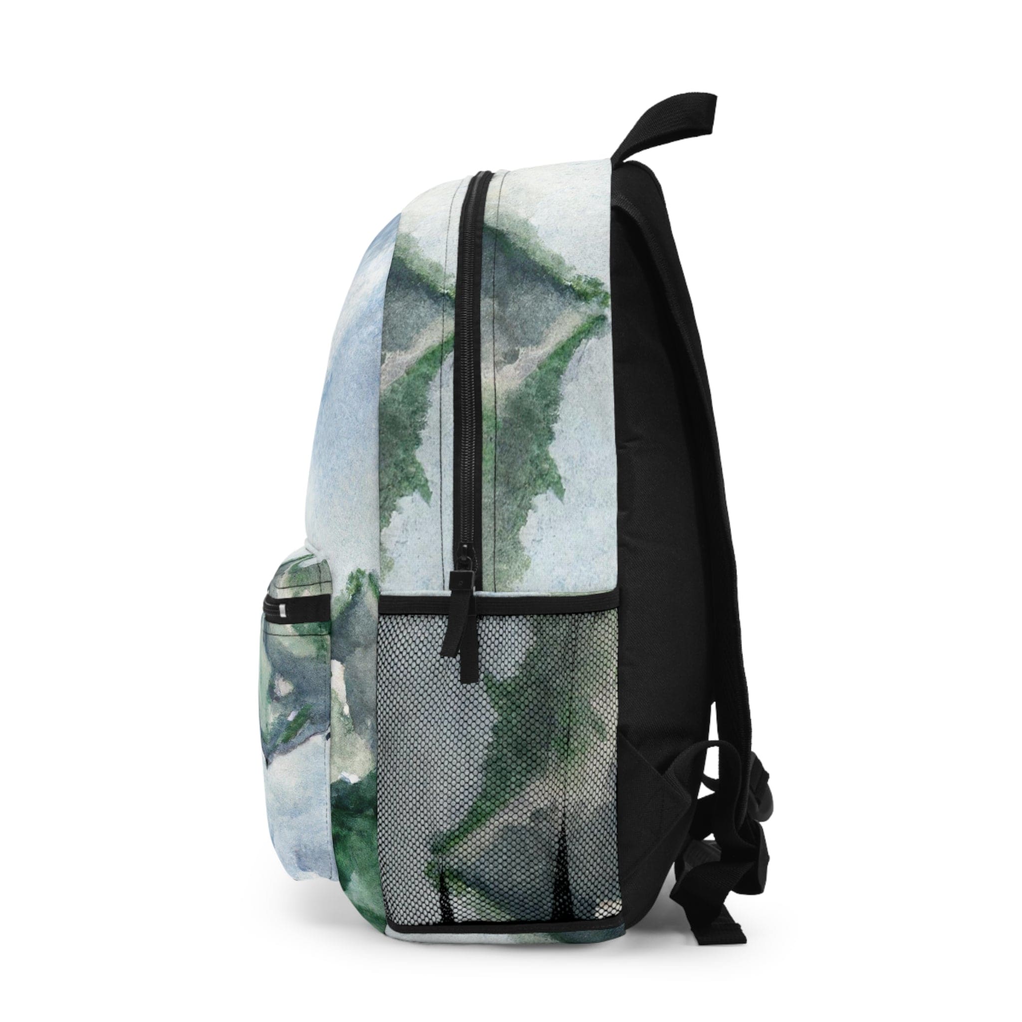 A stylish water-resistant backpack featuring a green mountainside landscape and blue sky print, perfect for outdoor adventures.