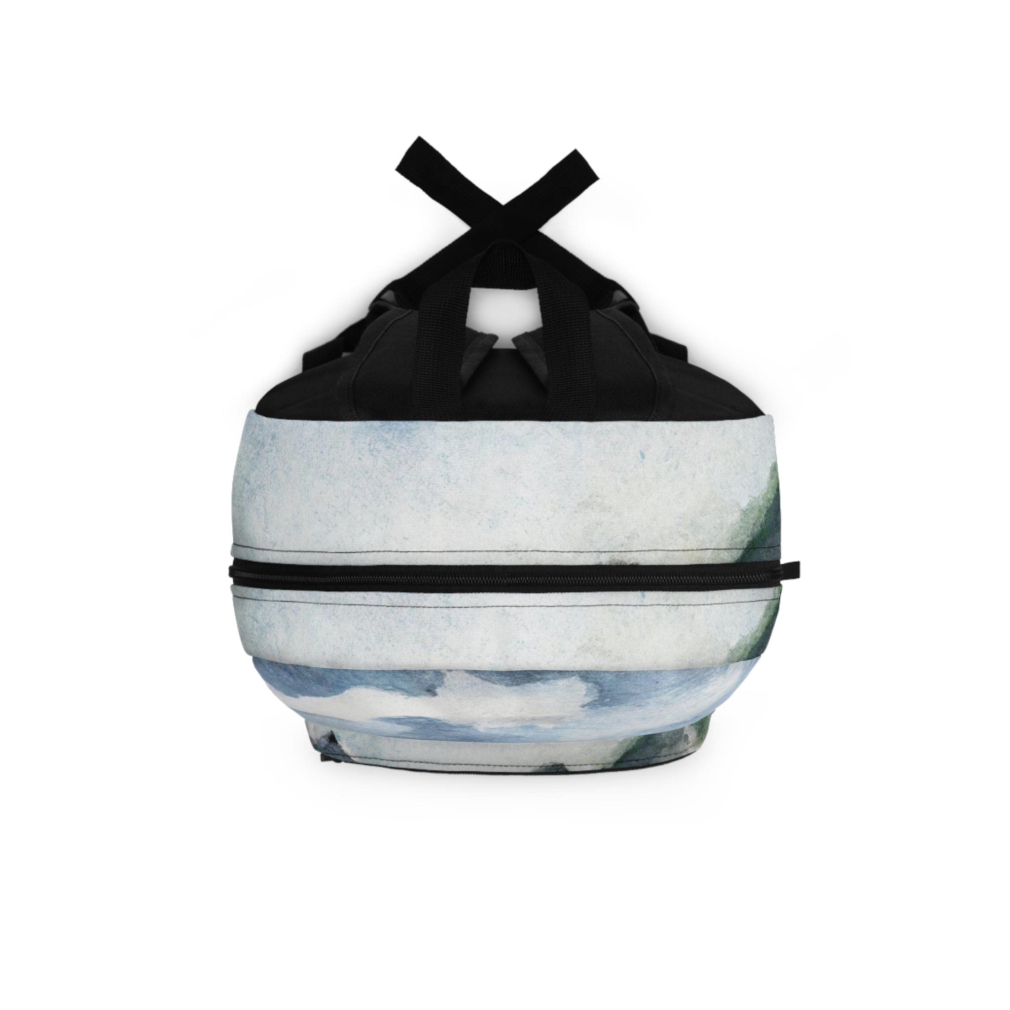 A stylish water-resistant backpack featuring a green mountainside landscape and blue sky print, perfect for outdoor adventures.