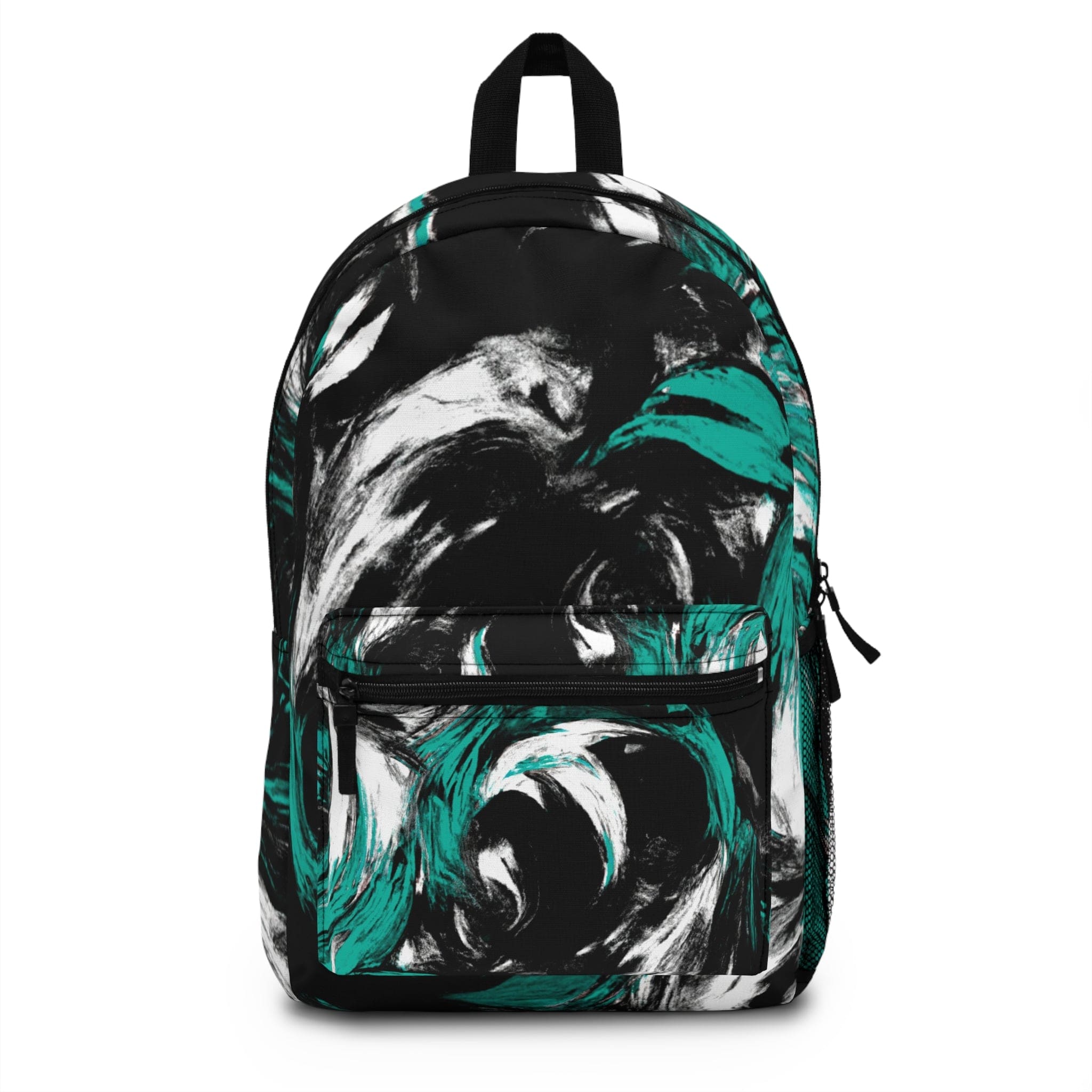 Stylish waterproof backpack in black, green, and white abstract design, perfect for school, work, and leisure activities.