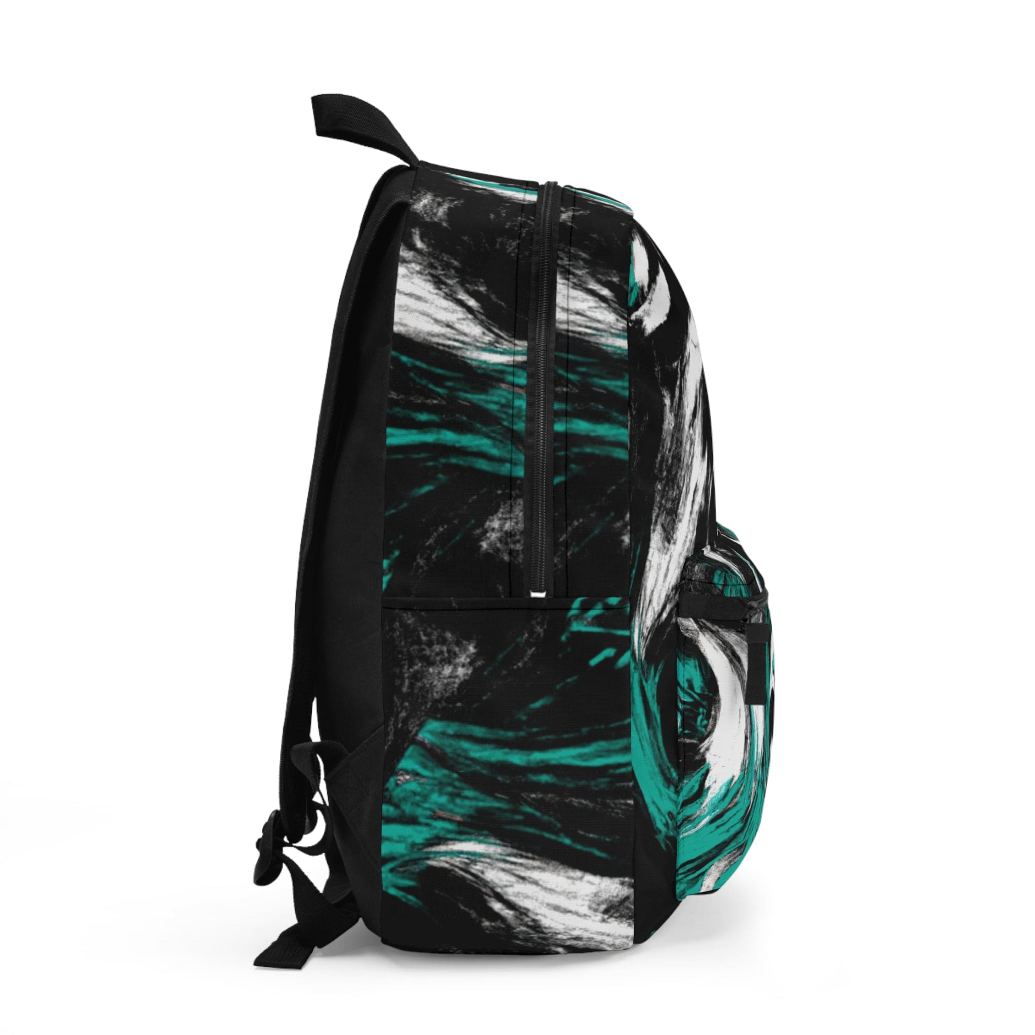 Stylish waterproof backpack in black, green, and white abstract design, perfect for school, work, and leisure activities.