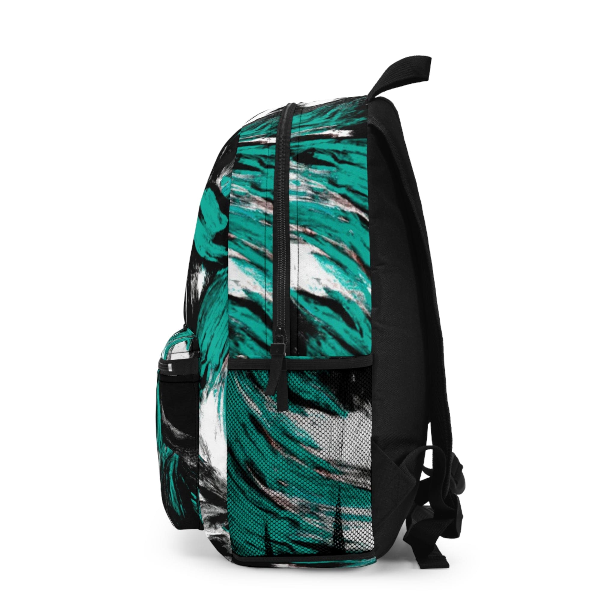 Stylish waterproof backpack in black, green, and white abstract design, perfect for school, work, and leisure activities.