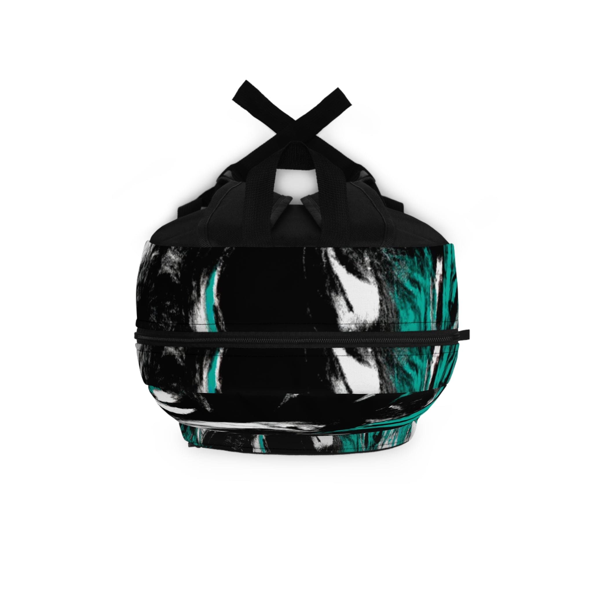 Stylish waterproof backpack in black, green, and white abstract design, perfect for school, work, and leisure activities.