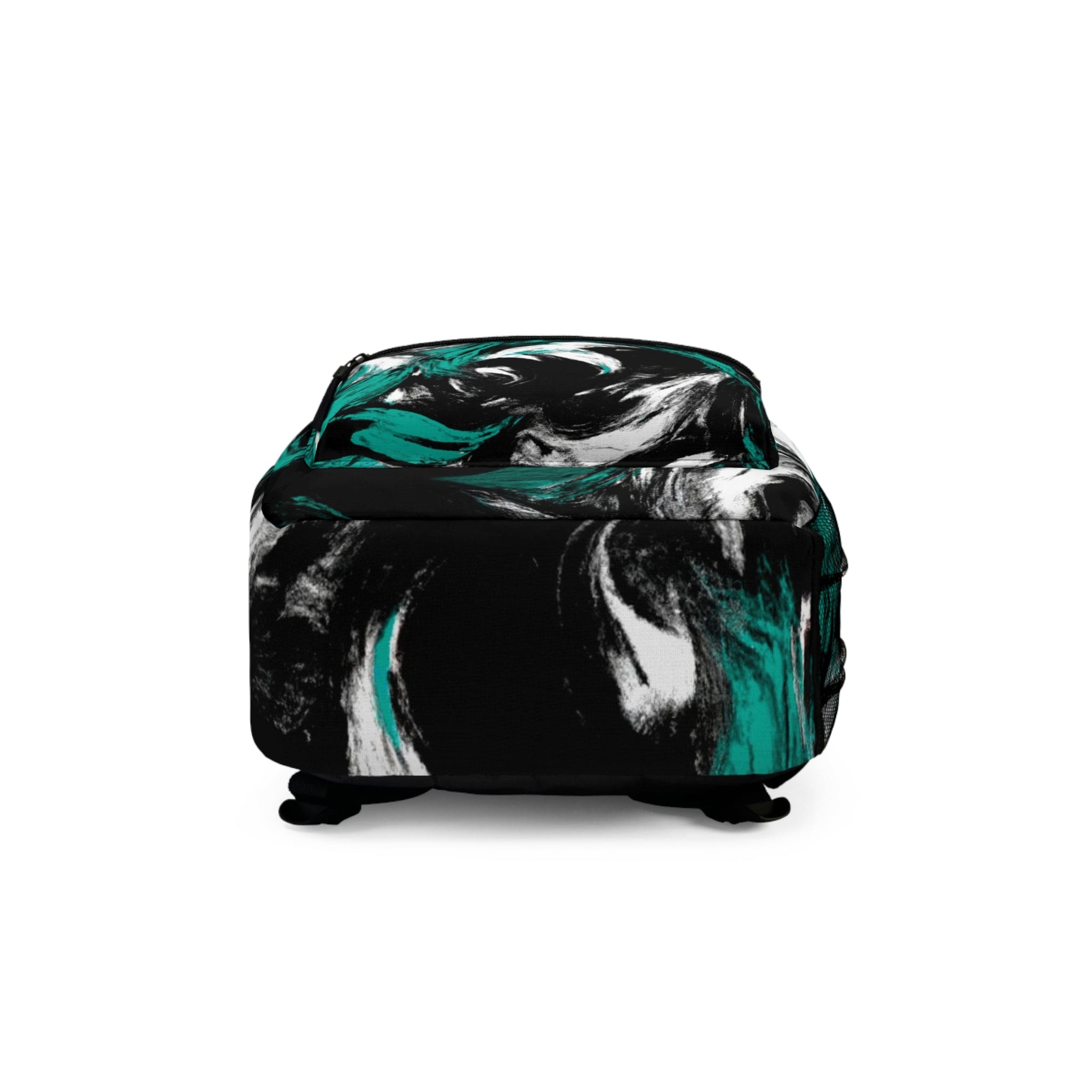 Stylish waterproof backpack in black, green, and white abstract design, perfect for school, work, and leisure activities.