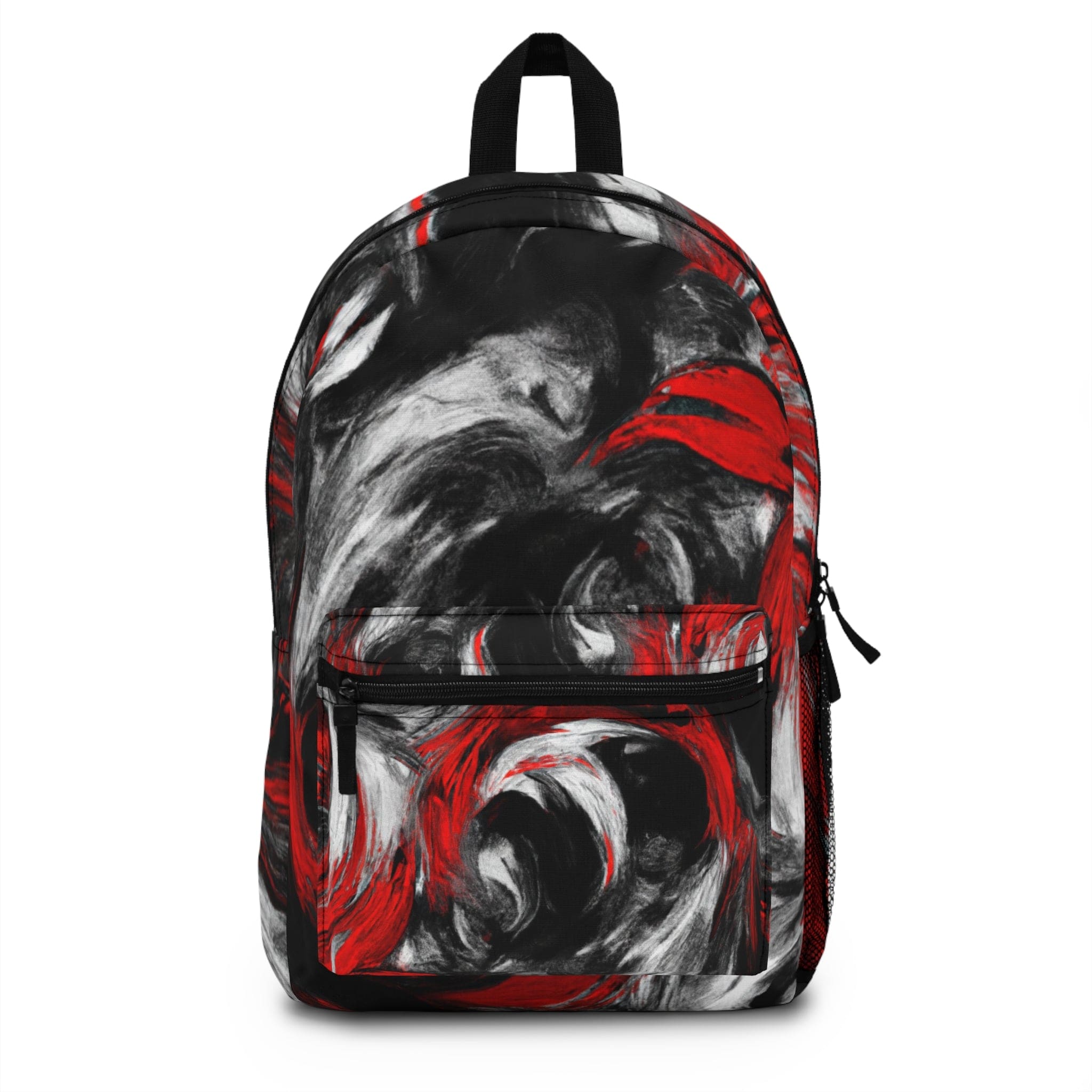 Stylish waterproof backpack in black, red, and white, perfect for school, work, and leisure activities.