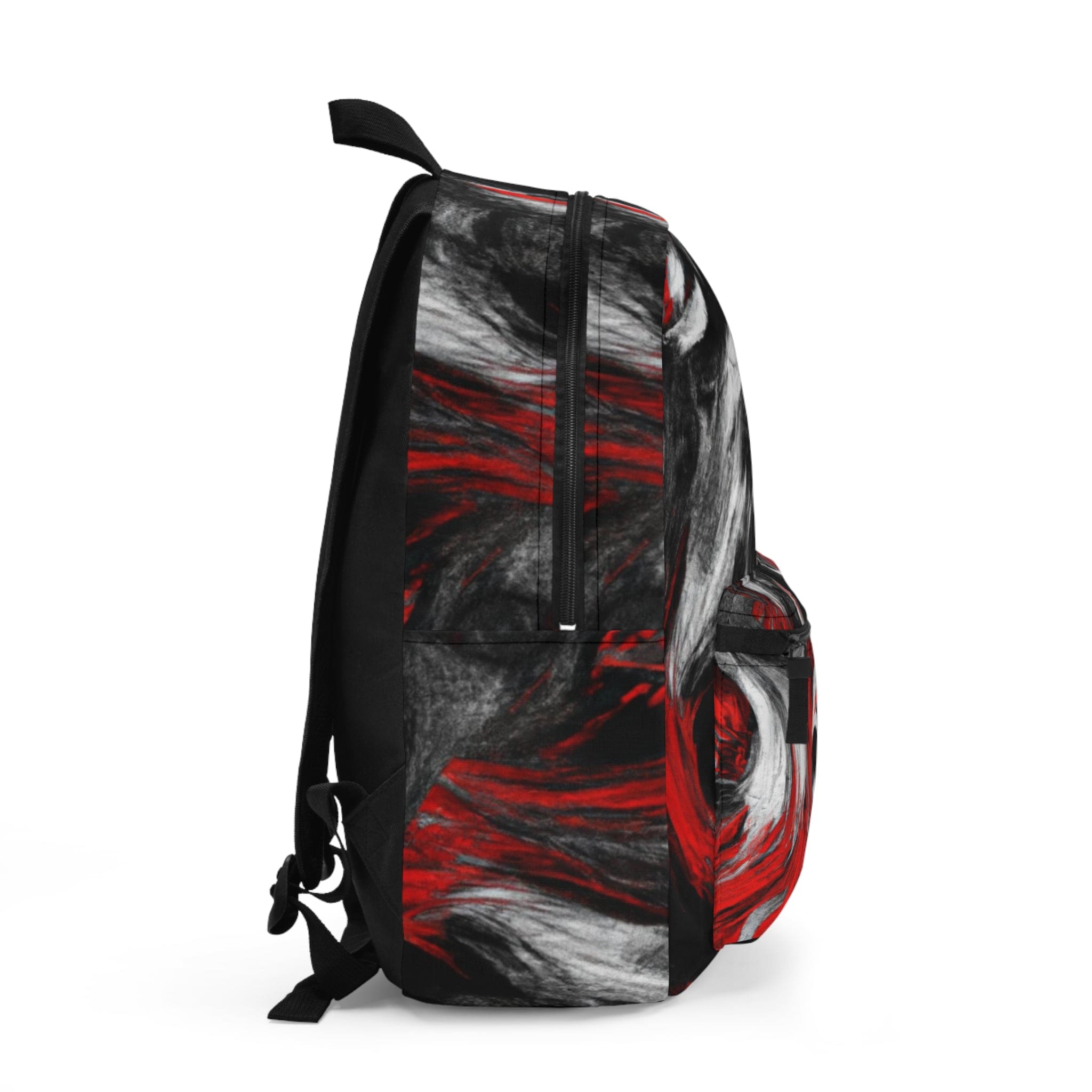 Stylish waterproof backpack in black, red, and white, perfect for school, work, and leisure activities.