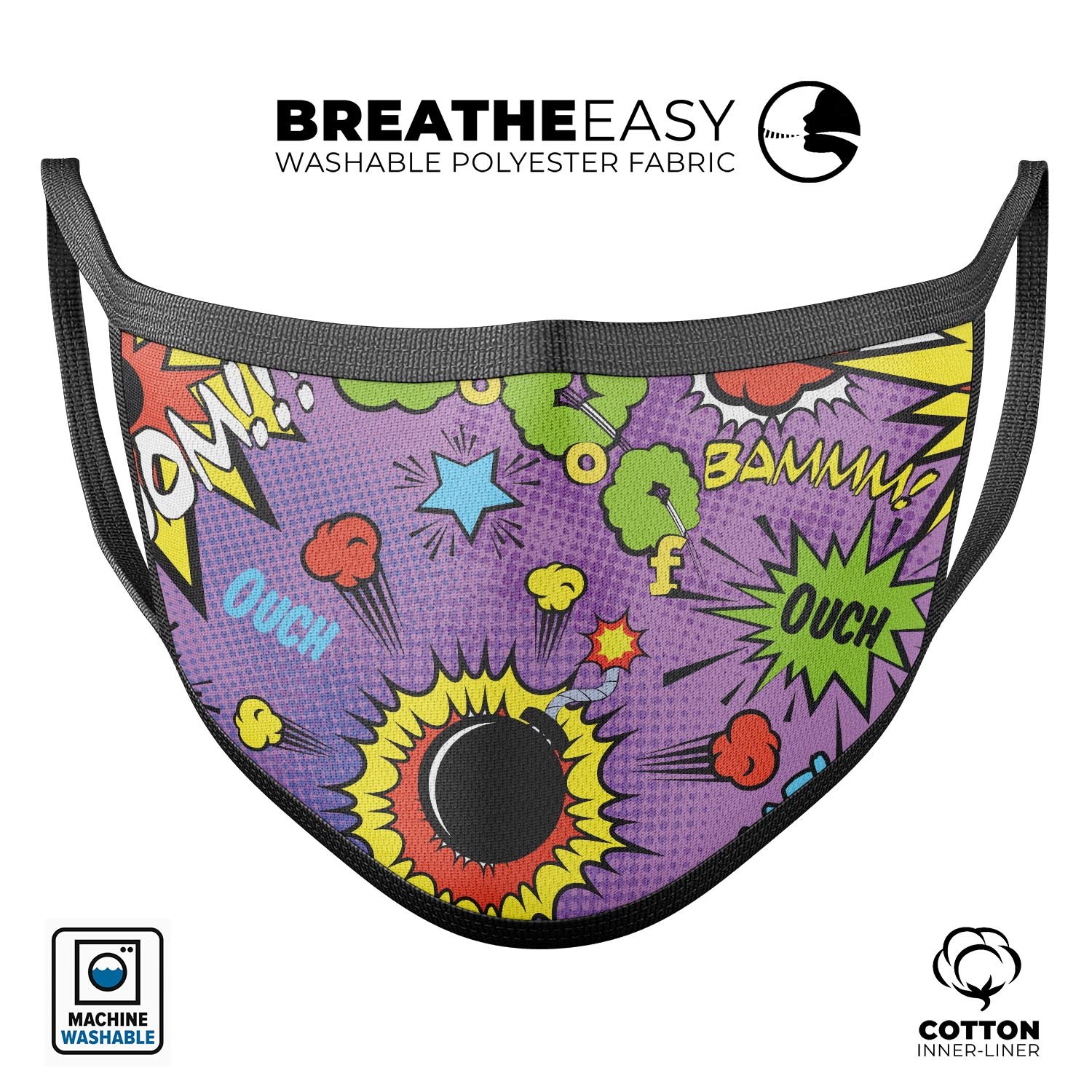 Bang Comic Speech Bubbles V2 mouth cover, featuring vibrant comic designs, adjustable ear loops, and made from soft cotton material.