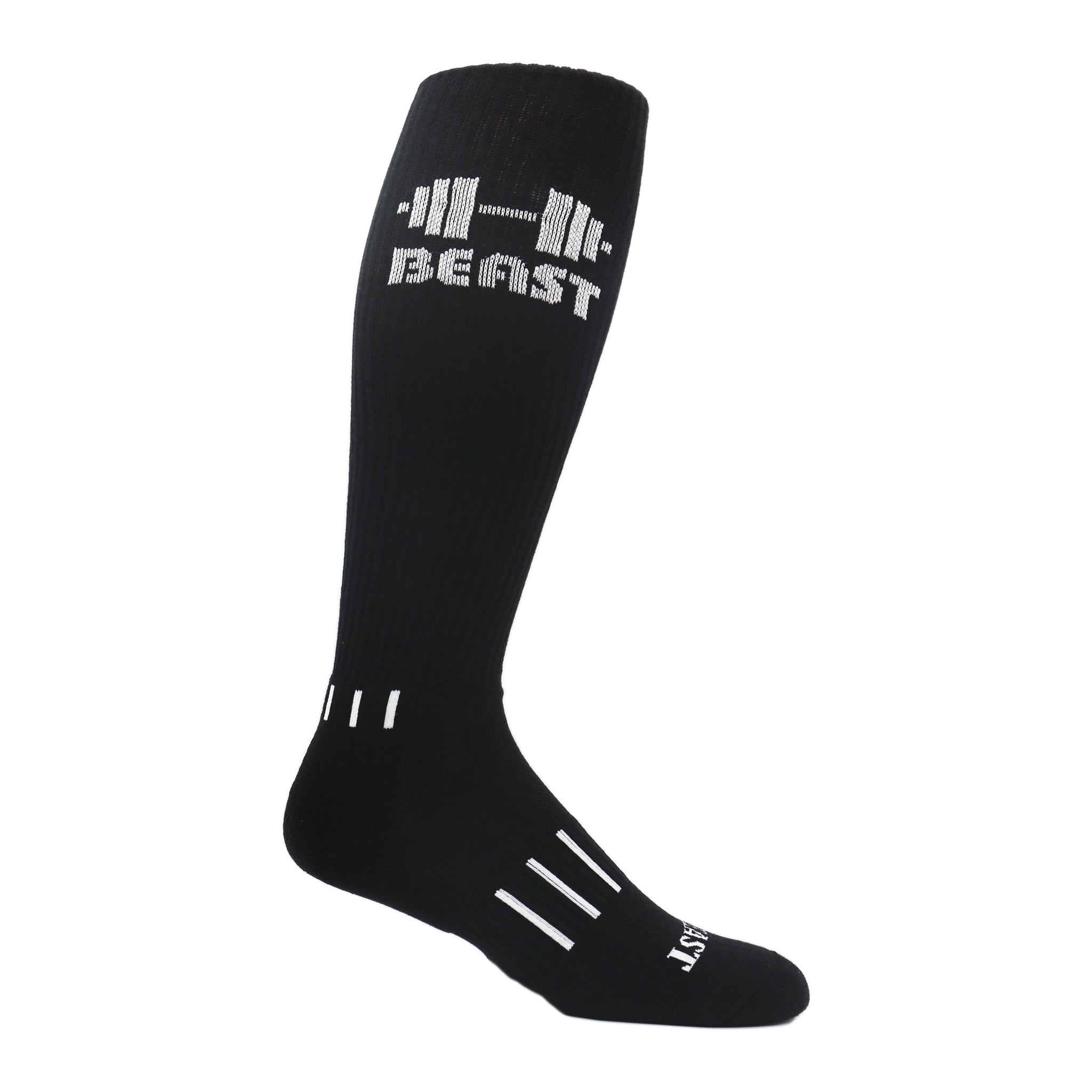 Barbell Beast Knee High Socks featuring bold 'BEAST' lettering in black, grey, and white, designed for athletes and powerlifters.