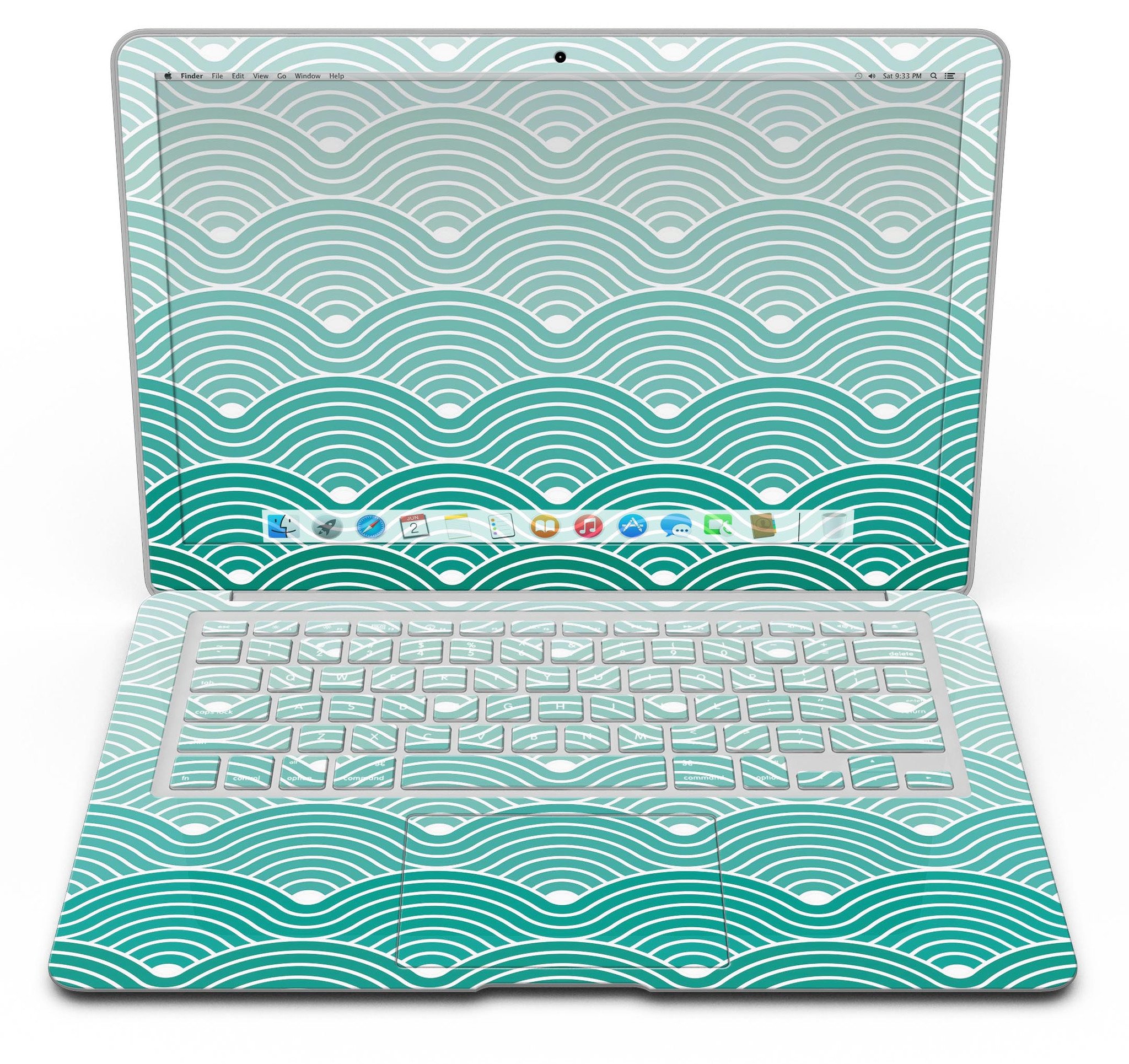 Beach Hotel Wallpaper Waves skin for MacBook Air, showcasing vibrant wave design on premium vinyl material.