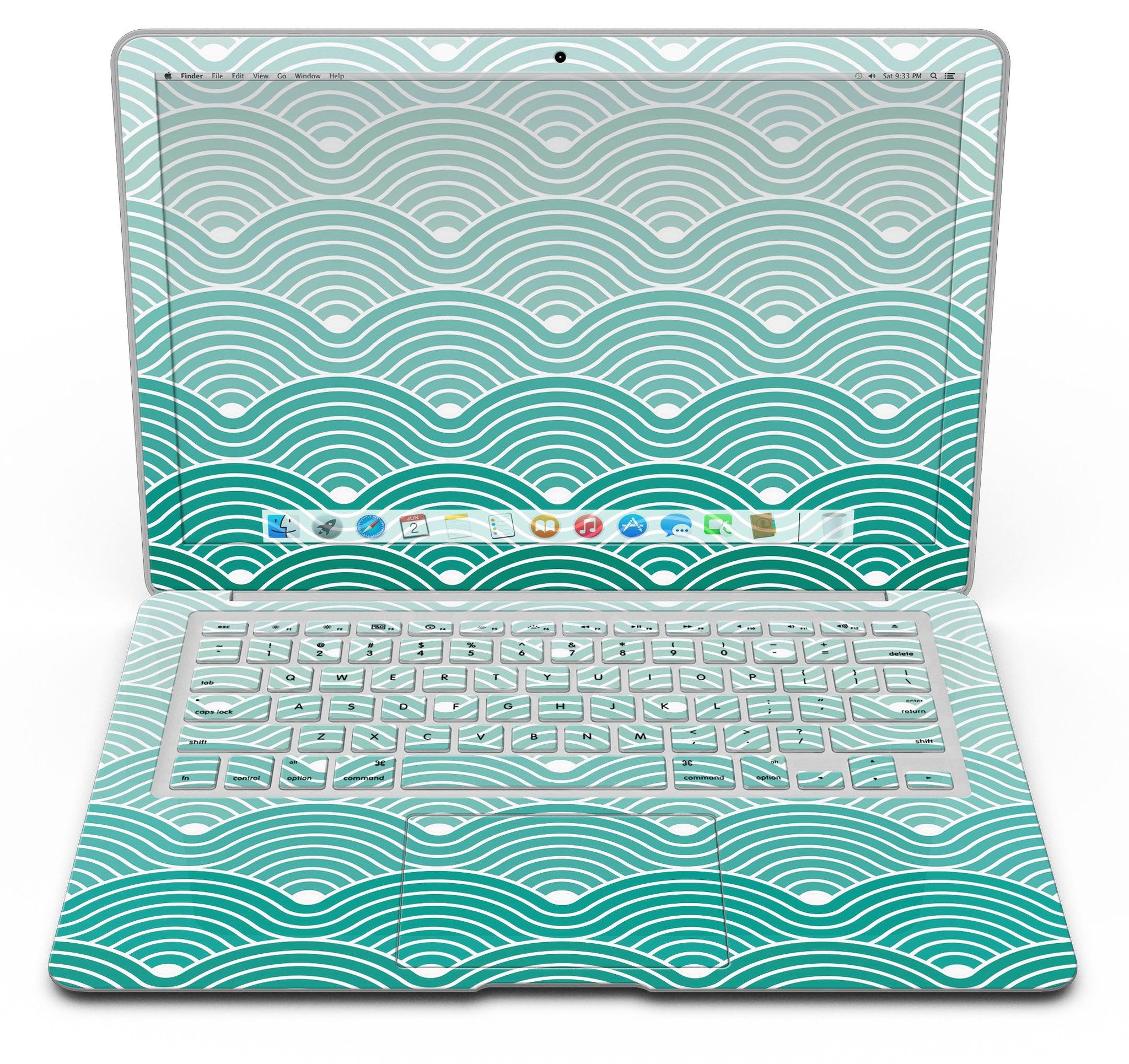 Beach Hotel Wallpaper Waves skin for MacBook Air, showcasing vibrant wave design on premium vinyl material.