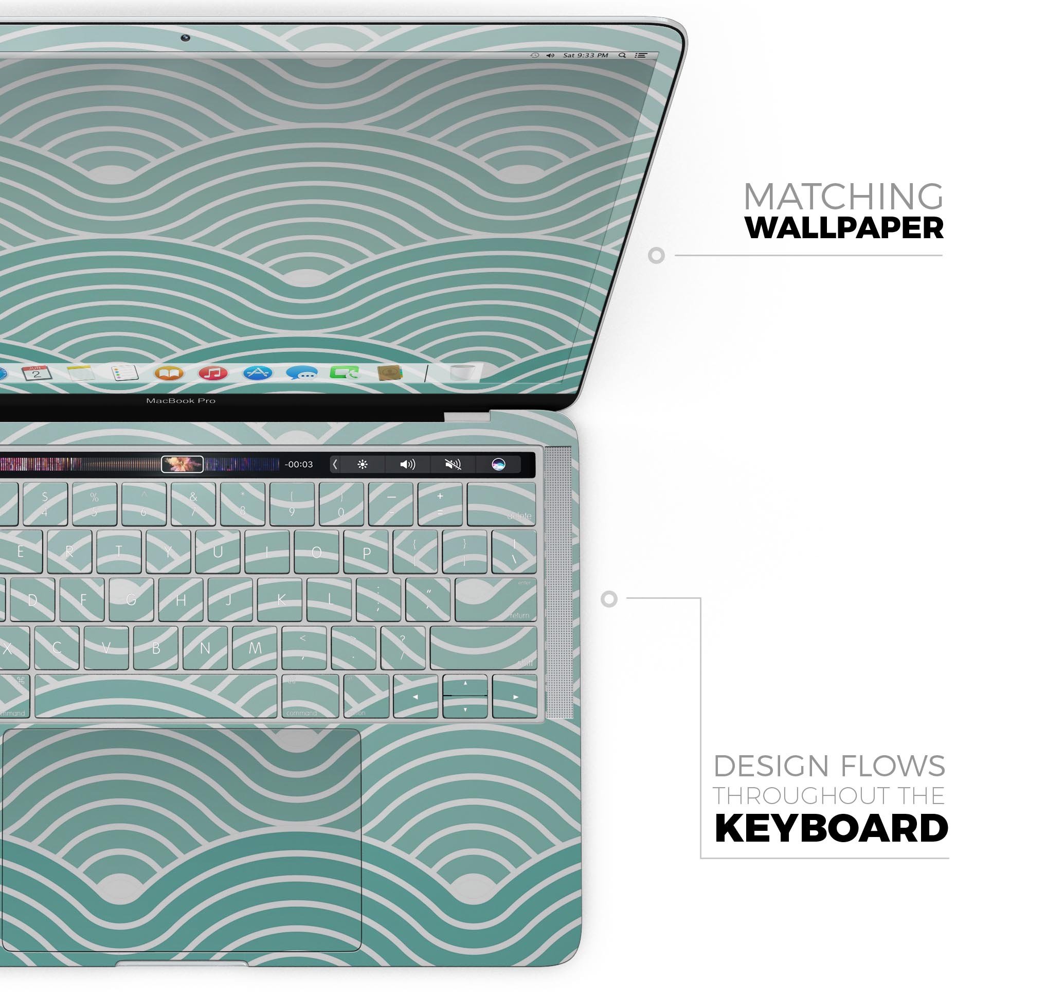 Beach Hotel Wallpaper Waves skin decal wrap kit for MacBook, showcasing vibrant wave design and premium vinyl material.