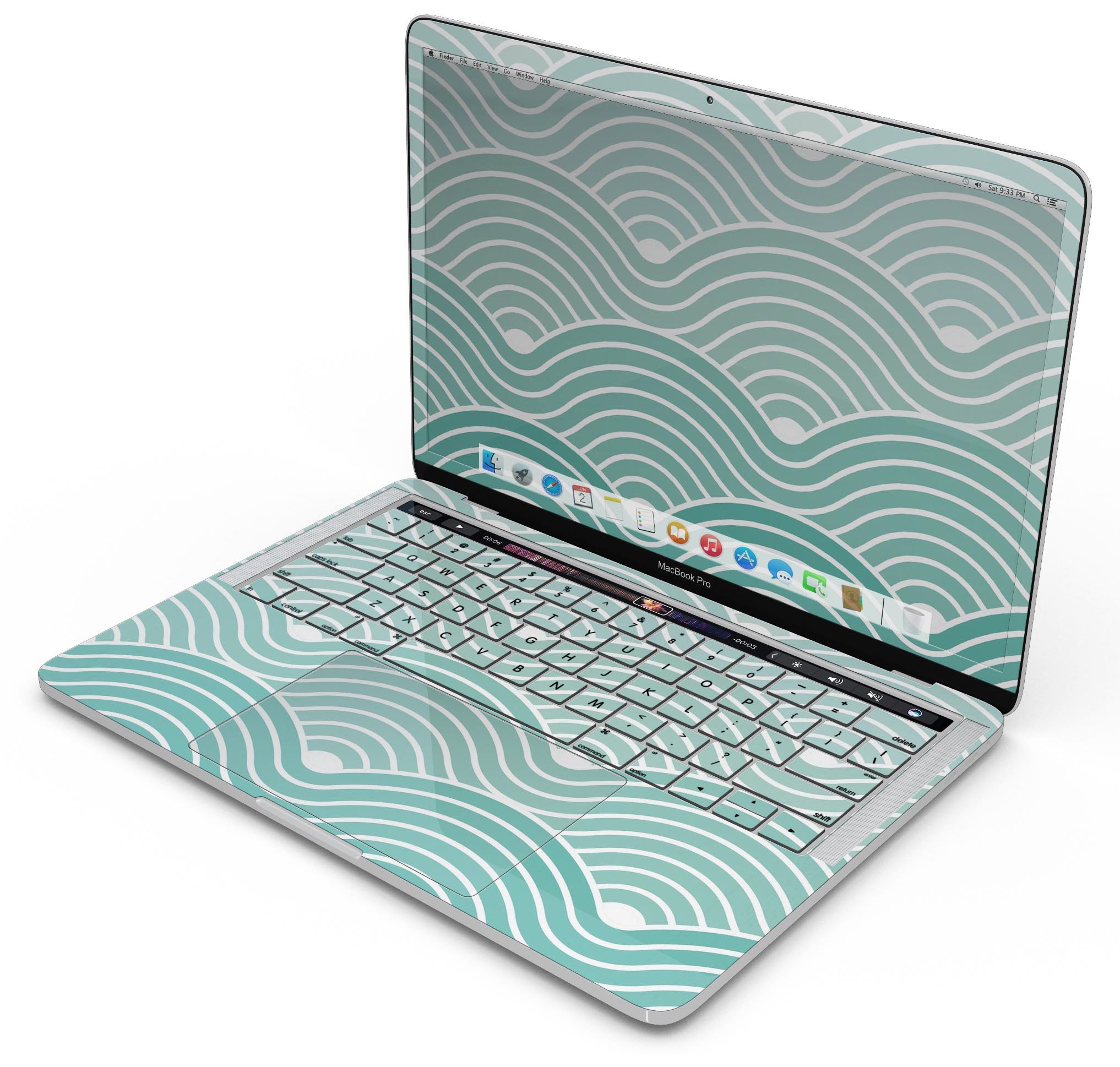 Beach Hotel Wallpaper Waves skin decal wrap kit for MacBook, showcasing vibrant wave design and premium vinyl material.