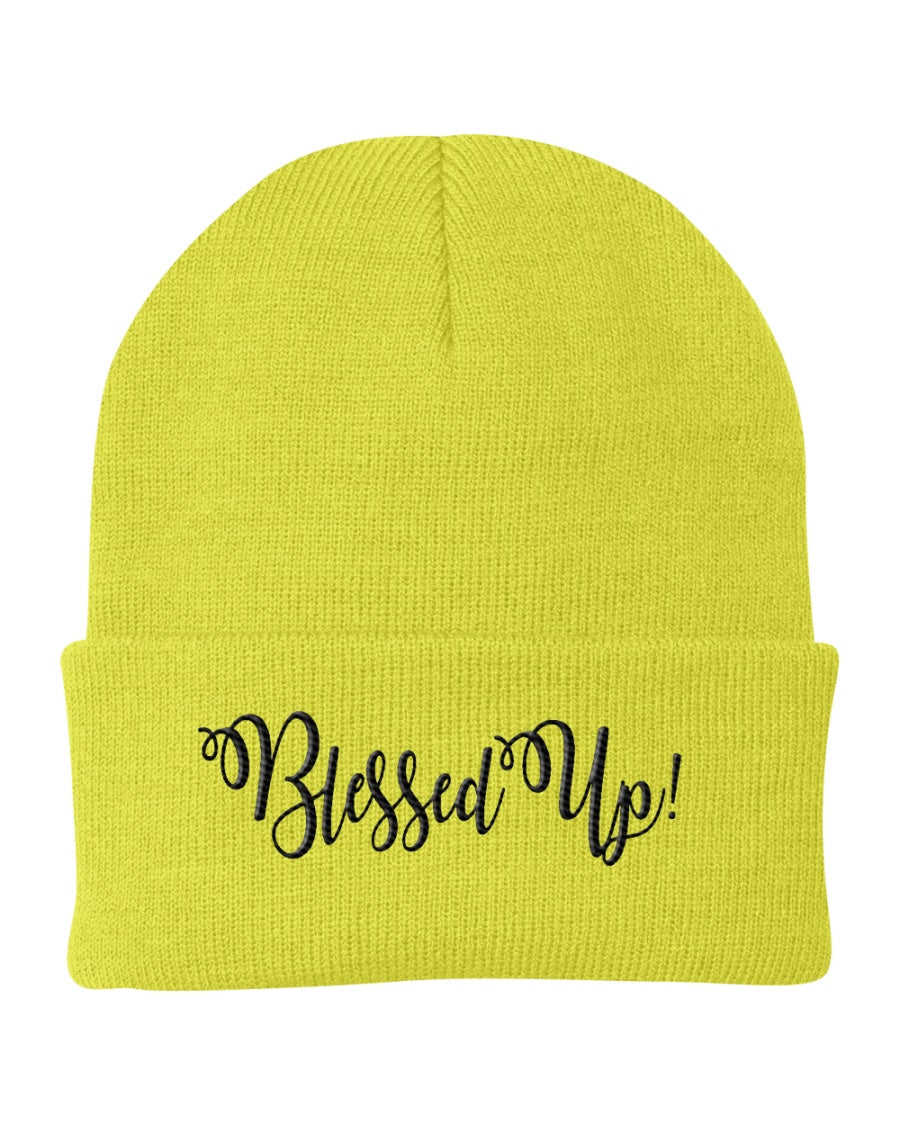 Blessed Up Embroidered Graphic Beanie Cap in stylish cuffed knit design, made from 100% Turbo Acrylic, suitable for all genders.