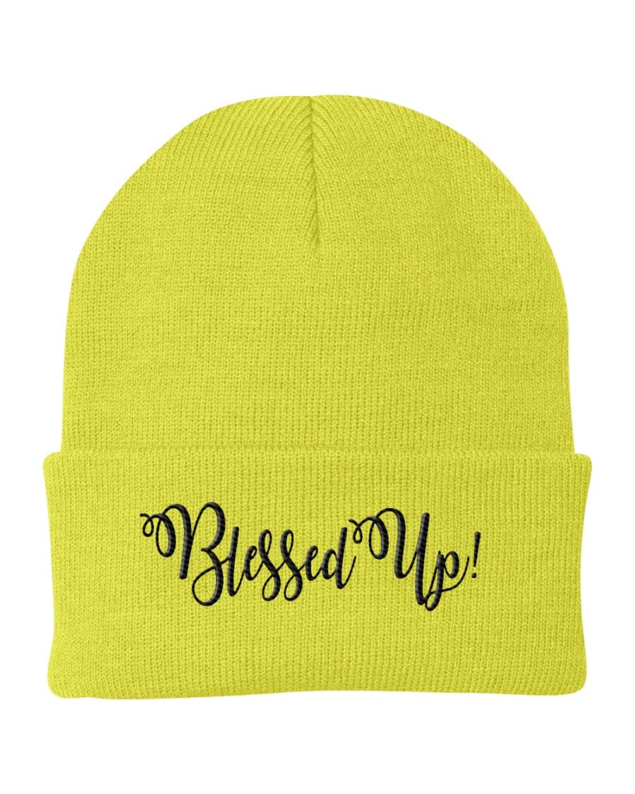 Blessed Up Embroidered Graphic Beanie Cap in stylish cuffed knit design, made from 100% Turbo Acrylic, suitable for all genders.