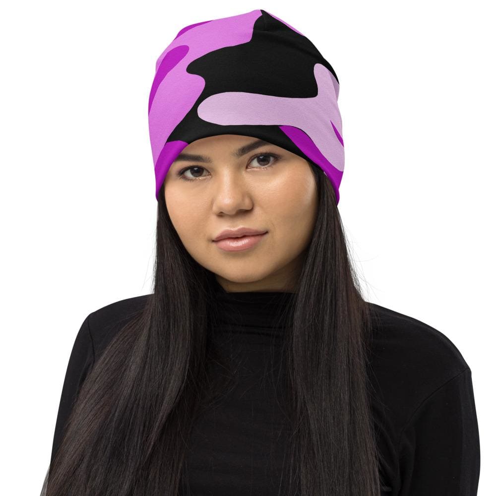 Pink camo slouchy beanie hat for men and women, showcasing a trendy design and soft fabric.