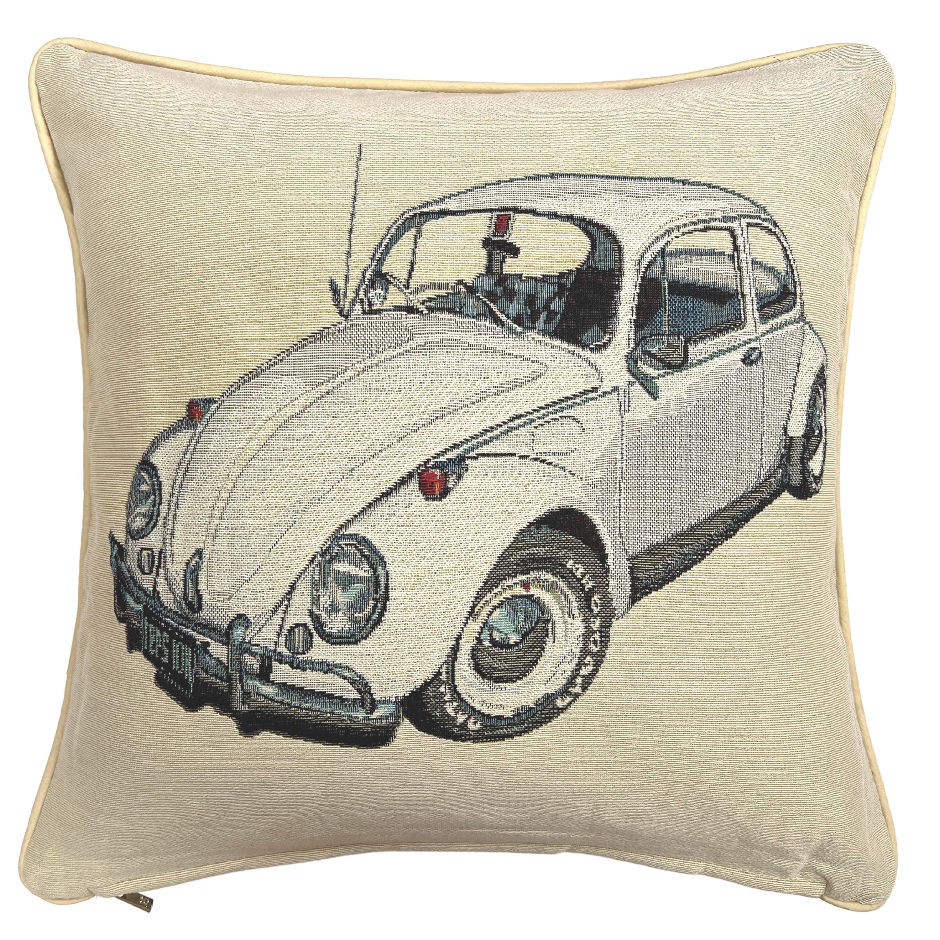 Beatle Car Panelled Cushion Cover featuring vibrant British-themed design, made from eco-friendly materials, measuring 45cm x 45cm.