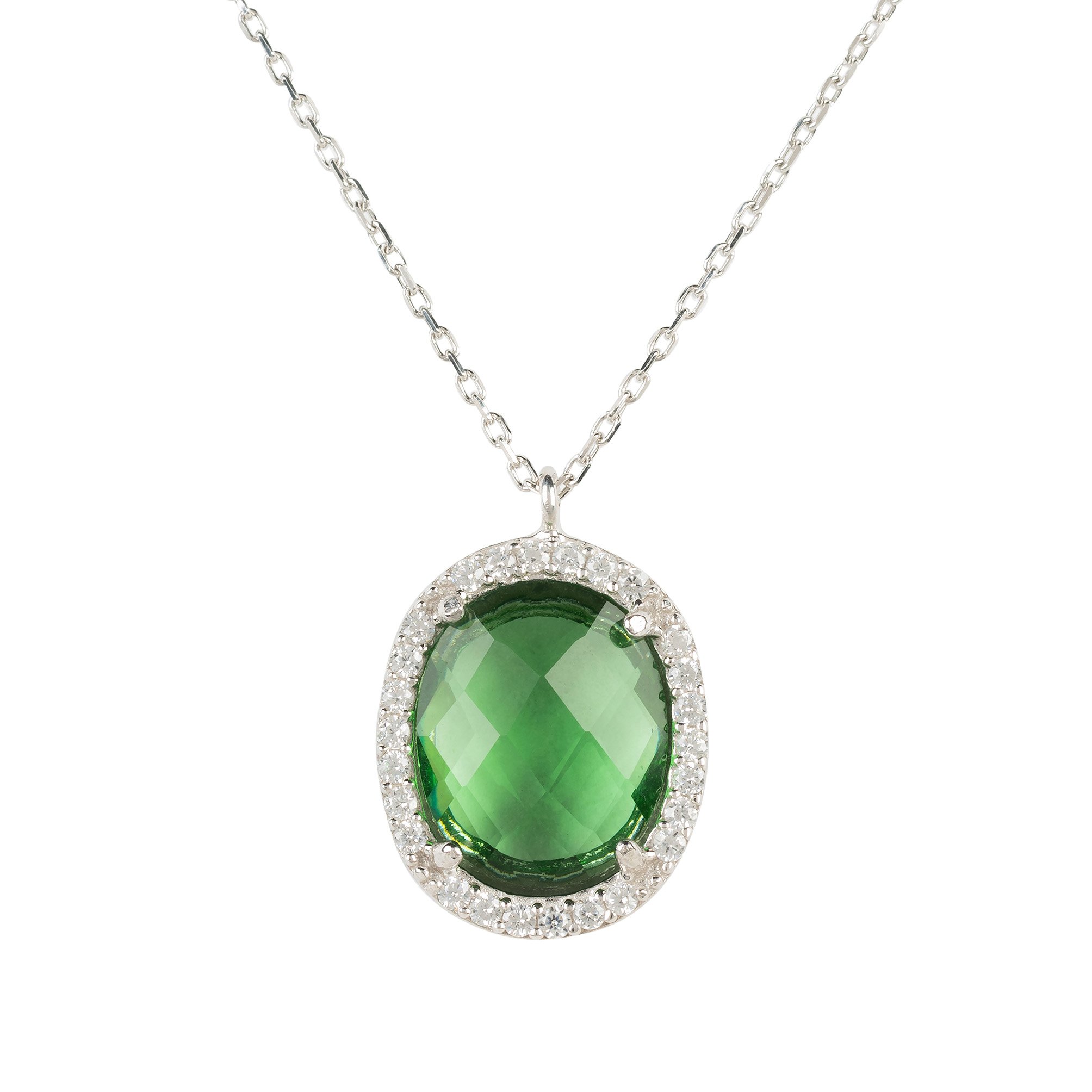 Beatrice Necklace featuring a green amethyst pendant set in 925 sterling silver with cubic zirconia detailing, elegantly displayed.