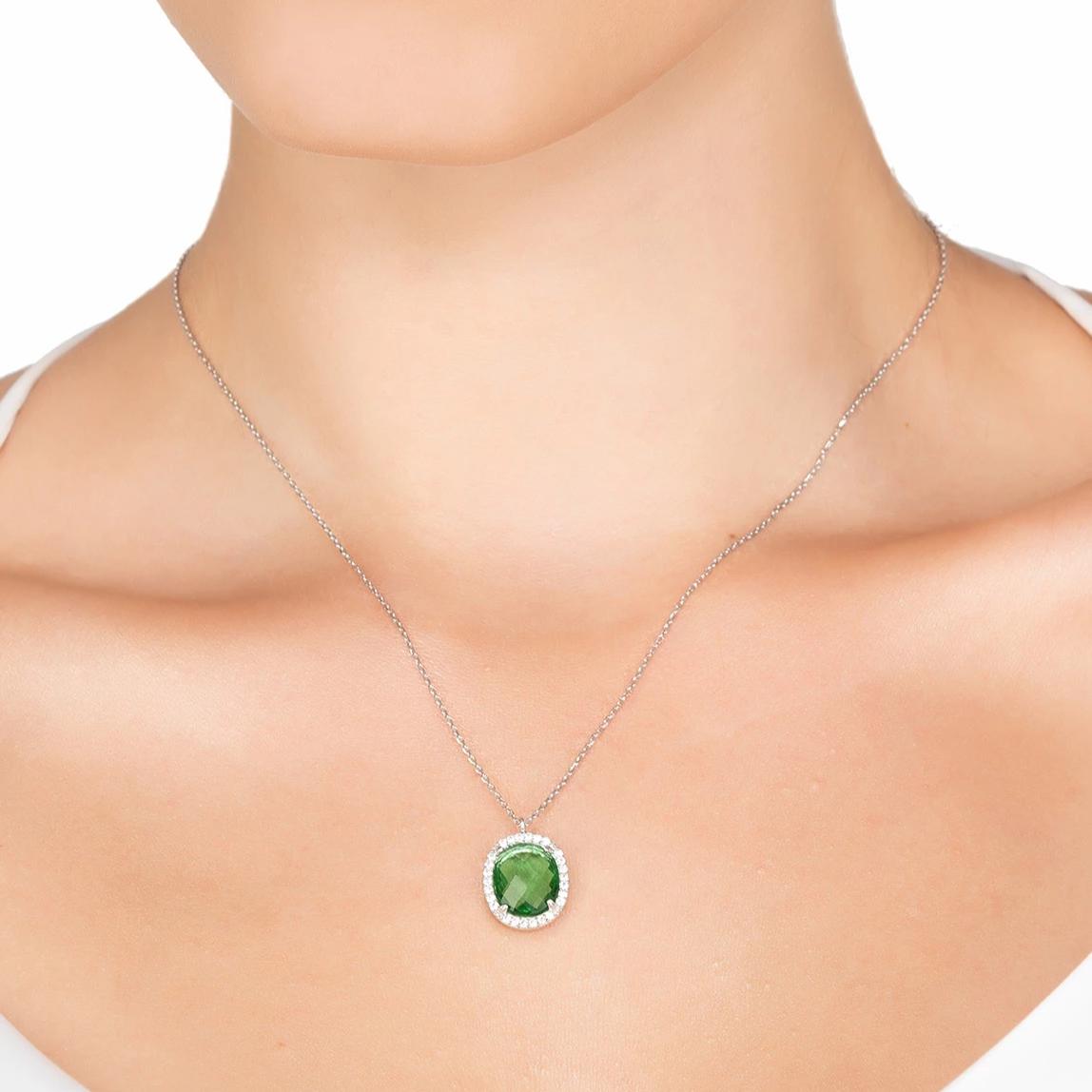 Beatrice Necklace featuring a green amethyst pendant set in 925 sterling silver with cubic zirconia detailing, elegantly displayed.