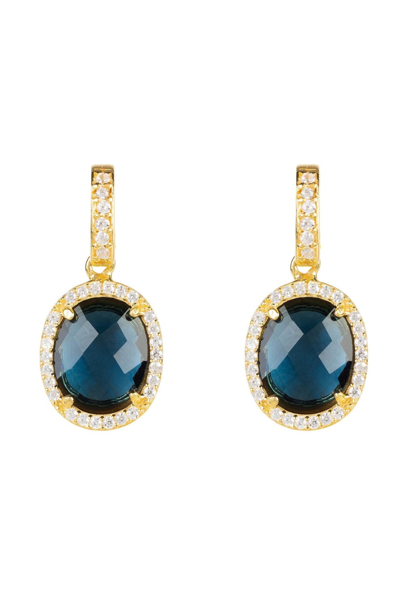 Beatrice Oval Gemstone Drop Earrings featuring sapphire hydro stones and cubic zirconia, elegantly crafted in 22ct gold-dipped sterling silver.