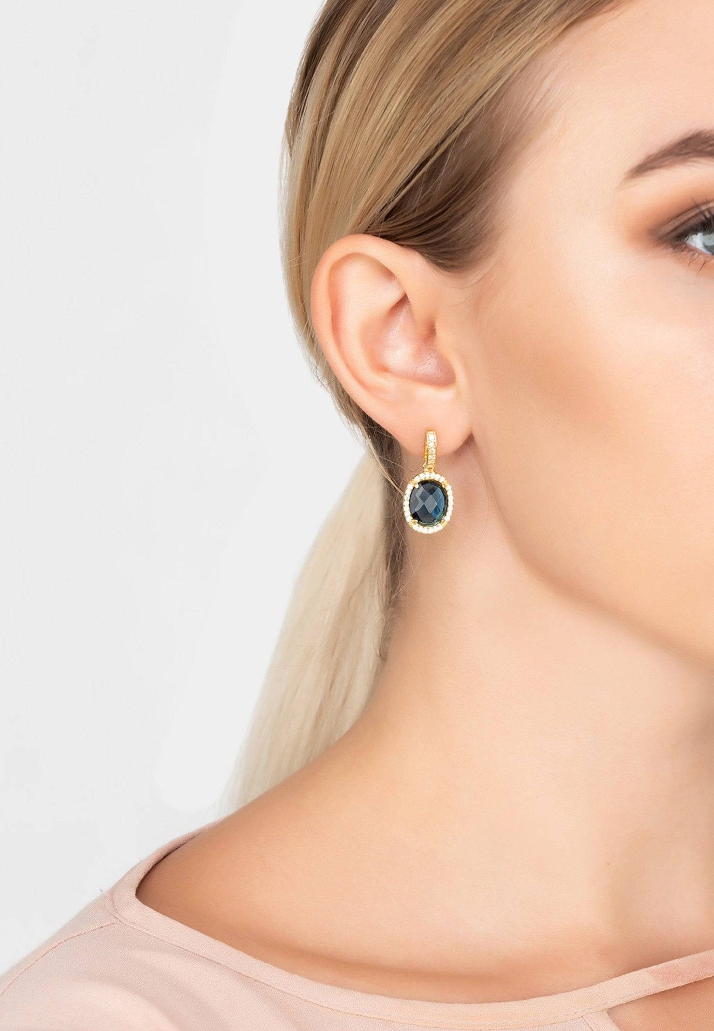 Beatrice Oval Gemstone Drop Earrings featuring sapphire hydro stones and cubic zirconia, elegantly crafted in 22ct gold-dipped sterling silver.