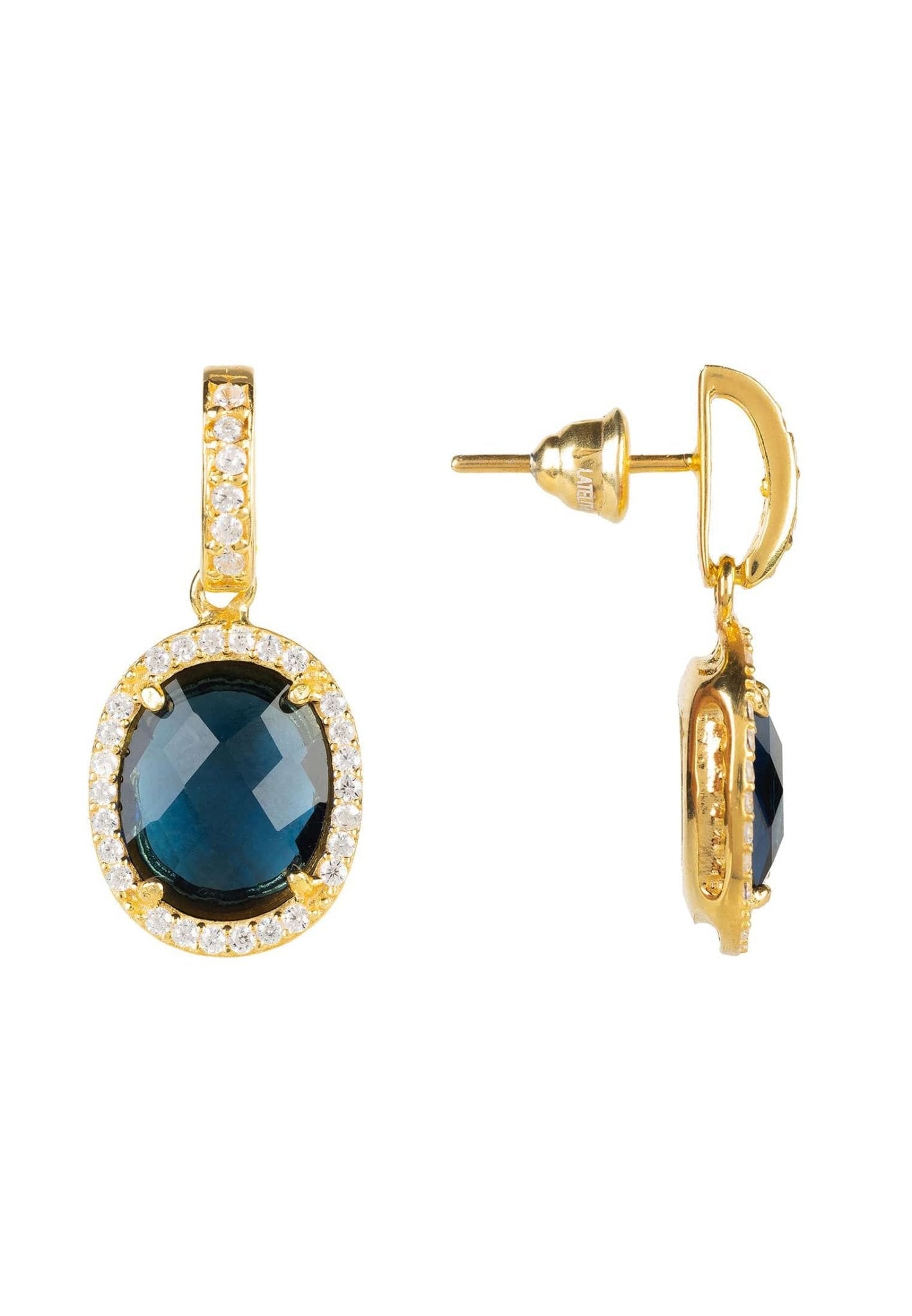 Beatrice Oval Gemstone Drop Earrings featuring sapphire hydro stones and cubic zirconia, elegantly crafted in 22ct gold-dipped sterling silver.