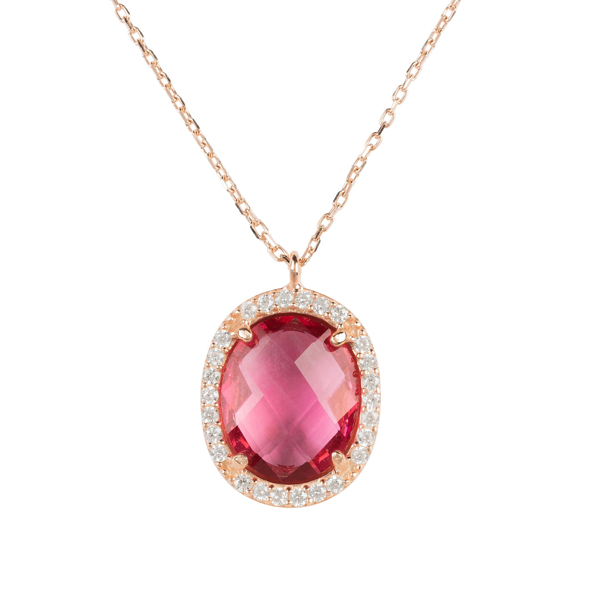 Beatrice Oval Gemstone Pendant Necklace in rose gold featuring a pink tourmaline gemstone and cubic zirconia detailing.