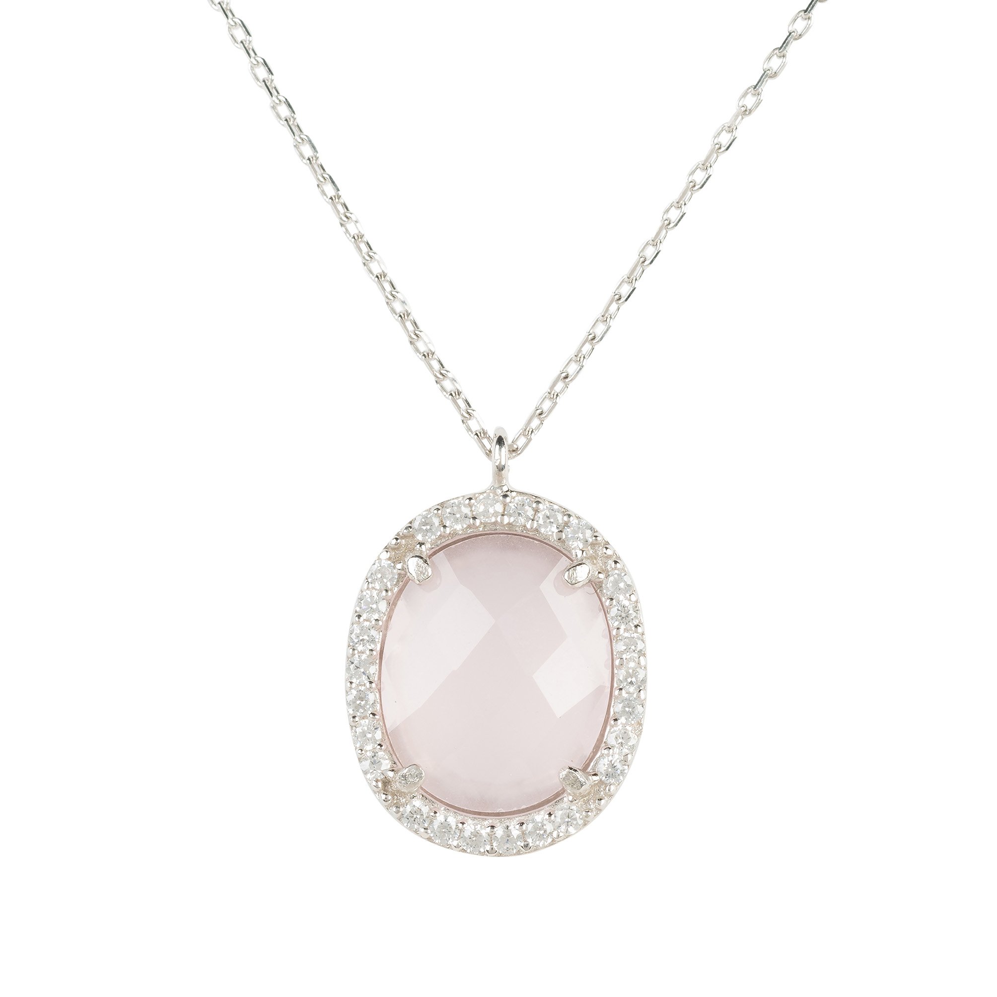 Beatrice Oval Gemstone Pendant Necklace featuring a rose quartz stone set in 925 sterling silver with cubic zirconia accents.