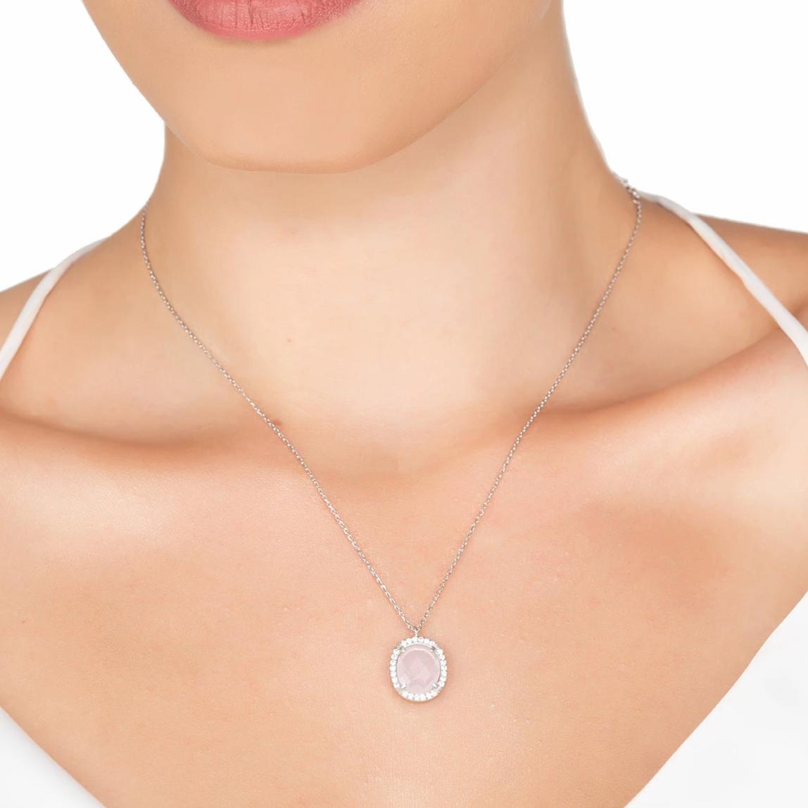 Beatrice Oval Gemstone Pendant Necklace featuring a rose quartz stone set in 925 sterling silver with cubic zirconia accents.