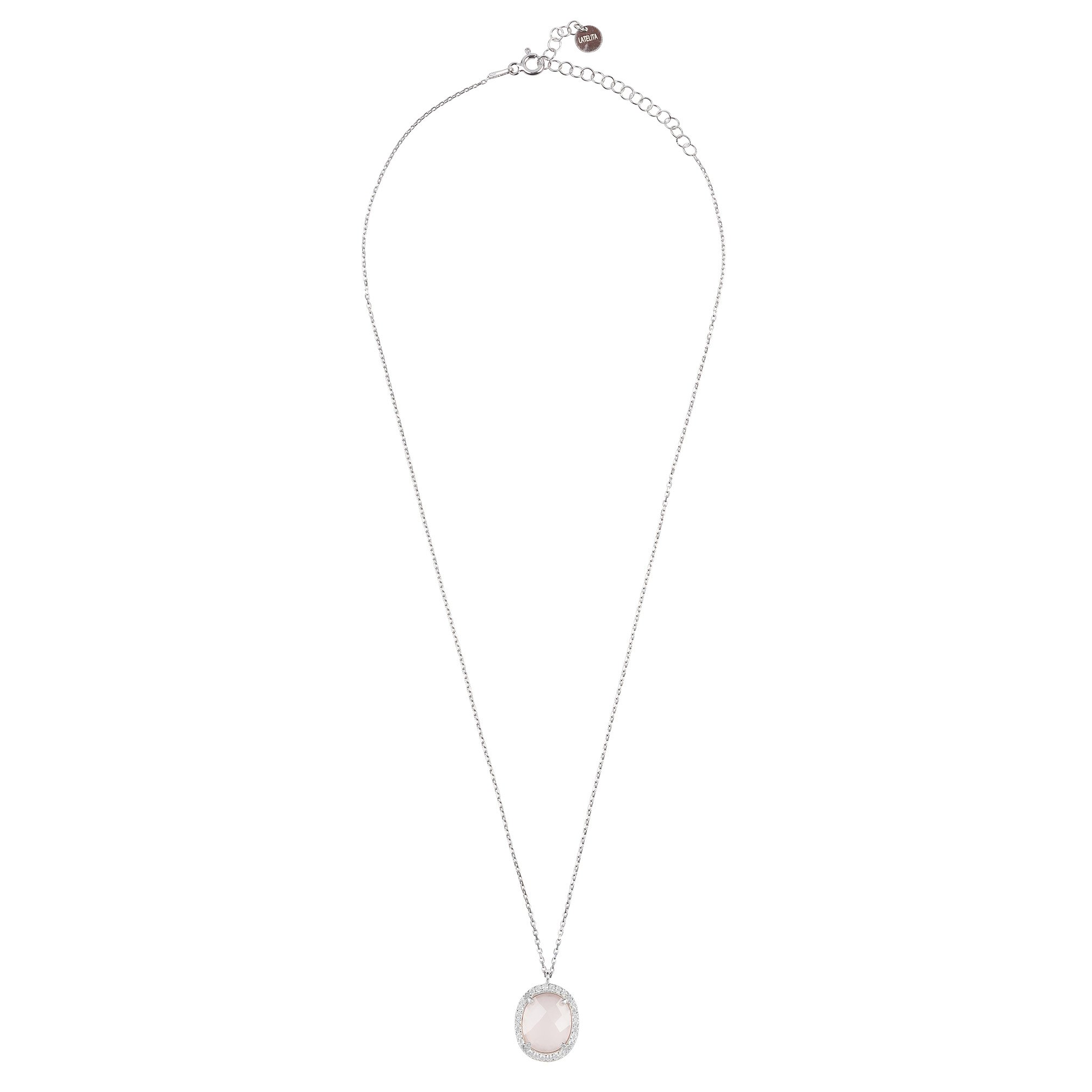 Beatrice Oval Gemstone Pendant Necklace featuring a rose quartz stone set in 925 sterling silver with cubic zirconia accents.