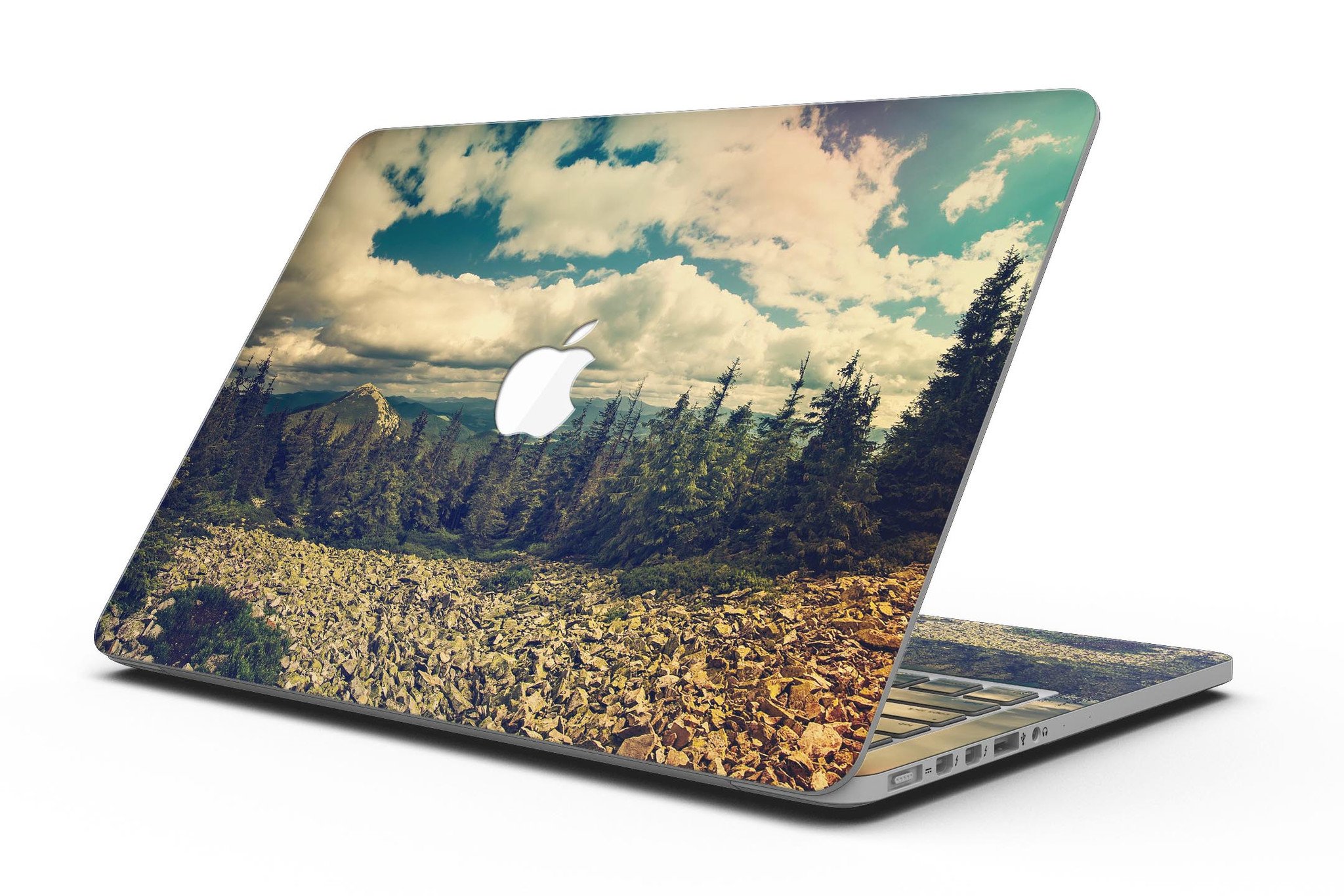 A MacBook Pro with Retina Display featuring a beautiful scenic mountain view skin, showcasing vibrant colors and intricate details.