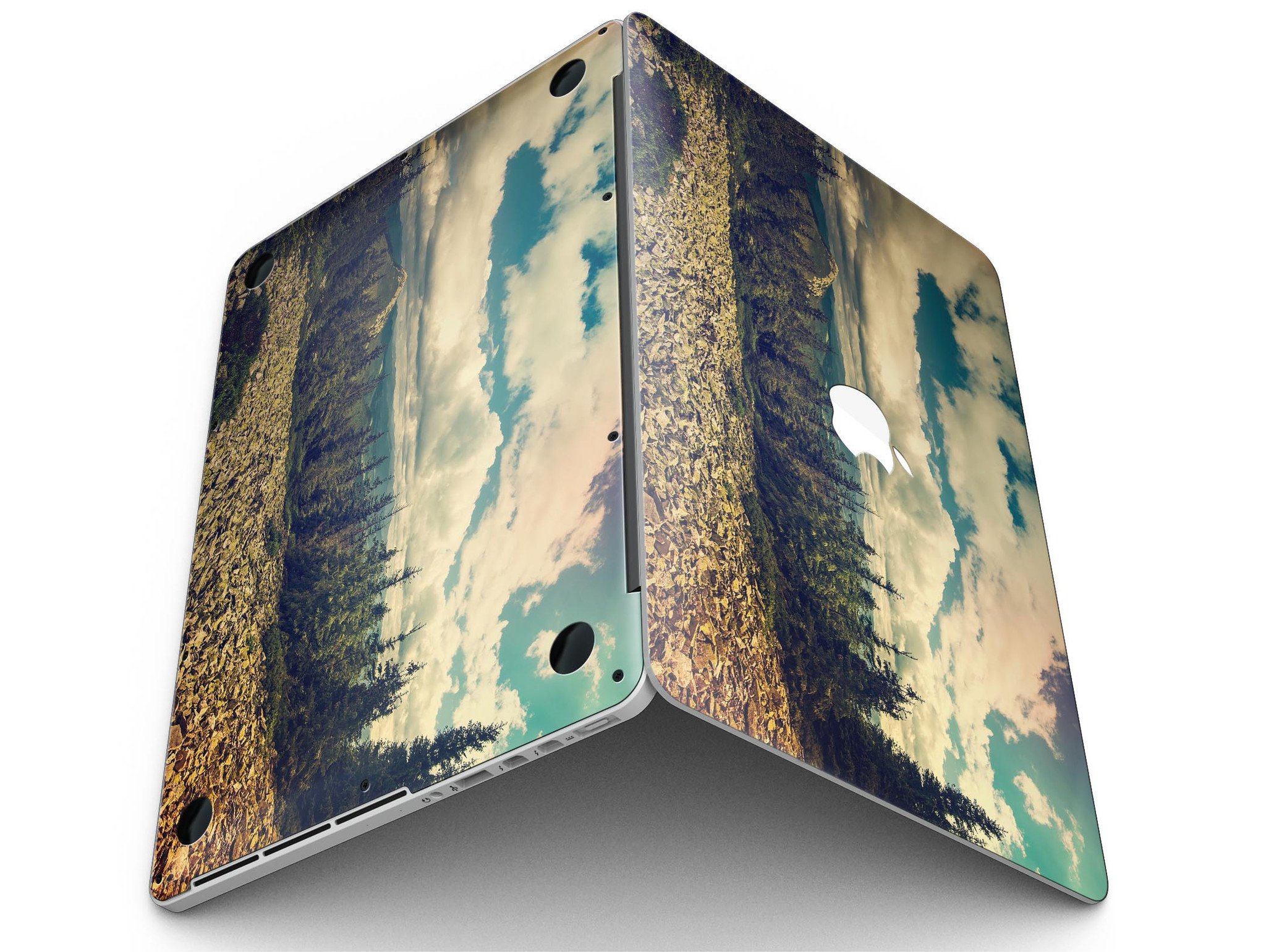 A MacBook Pro with Retina Display featuring a beautiful scenic mountain view skin, showcasing vibrant colors and intricate details.
