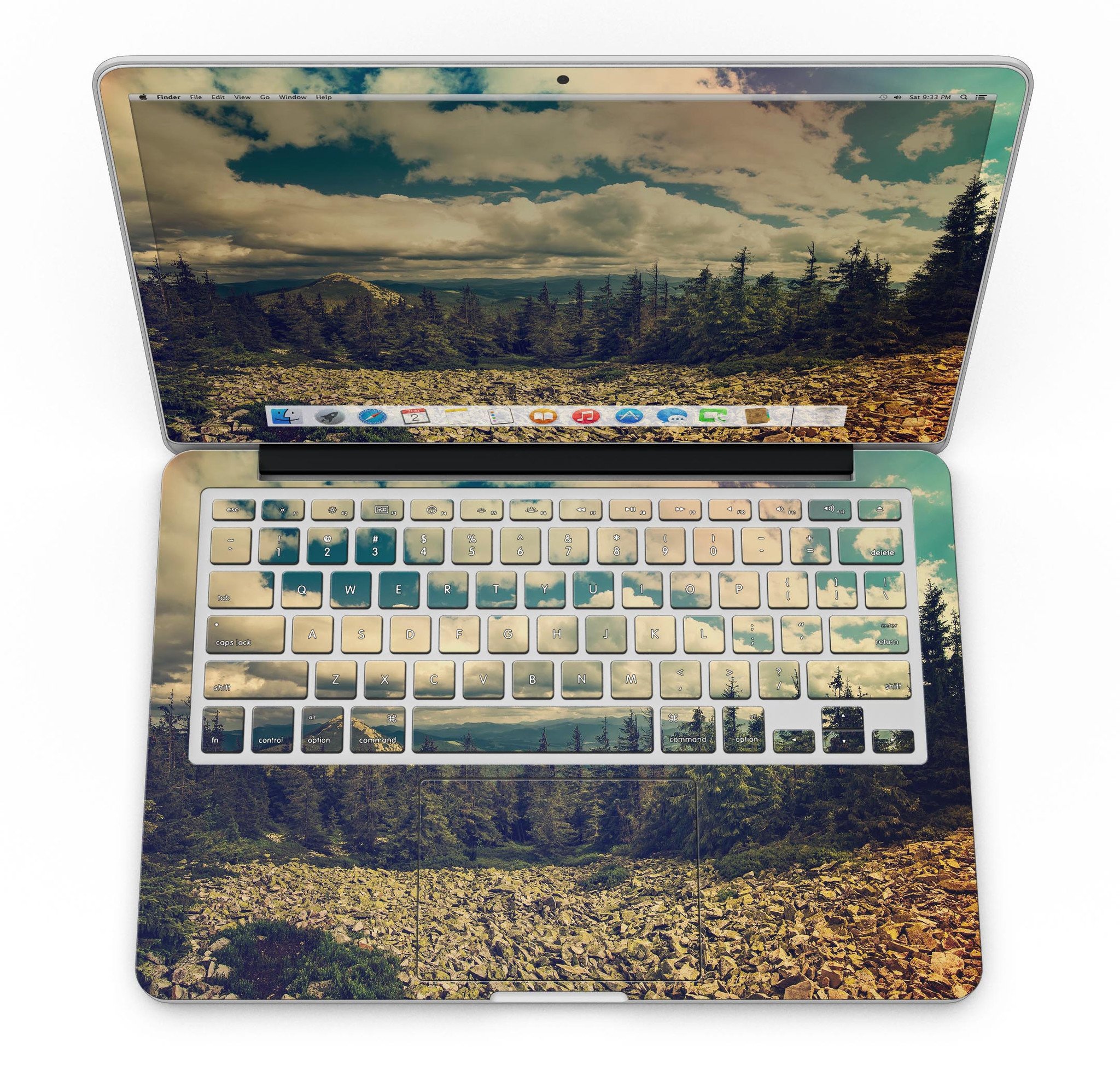A MacBook Pro with Retina Display featuring a beautiful scenic mountain view skin, showcasing vibrant colors and intricate details.