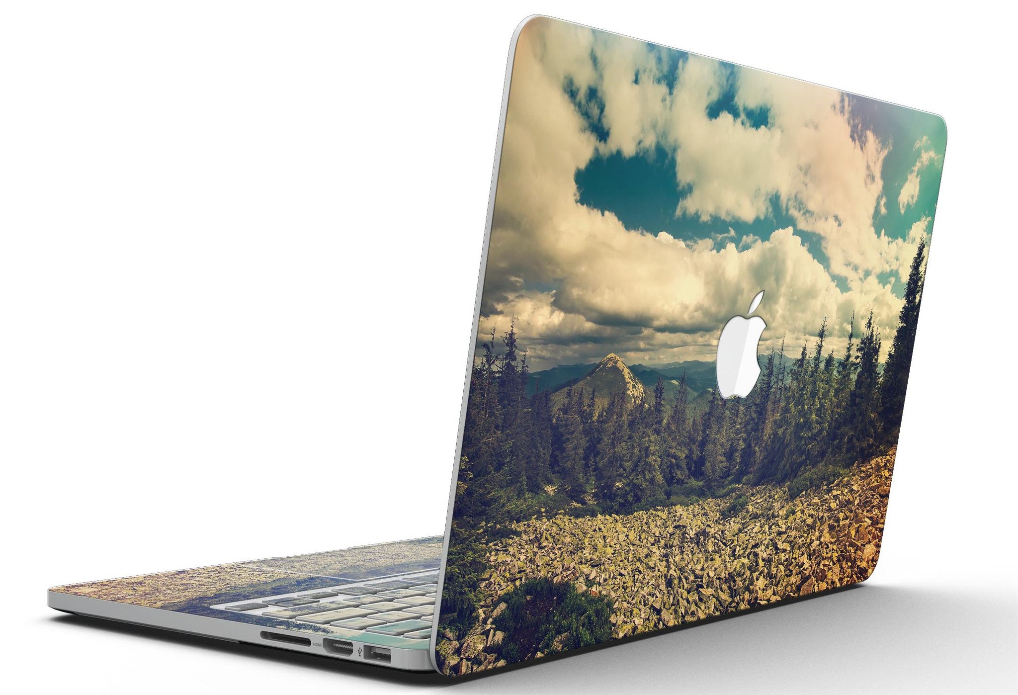 A MacBook Pro with Retina Display featuring a beautiful scenic mountain view skin, showcasing vibrant colors and intricate details.