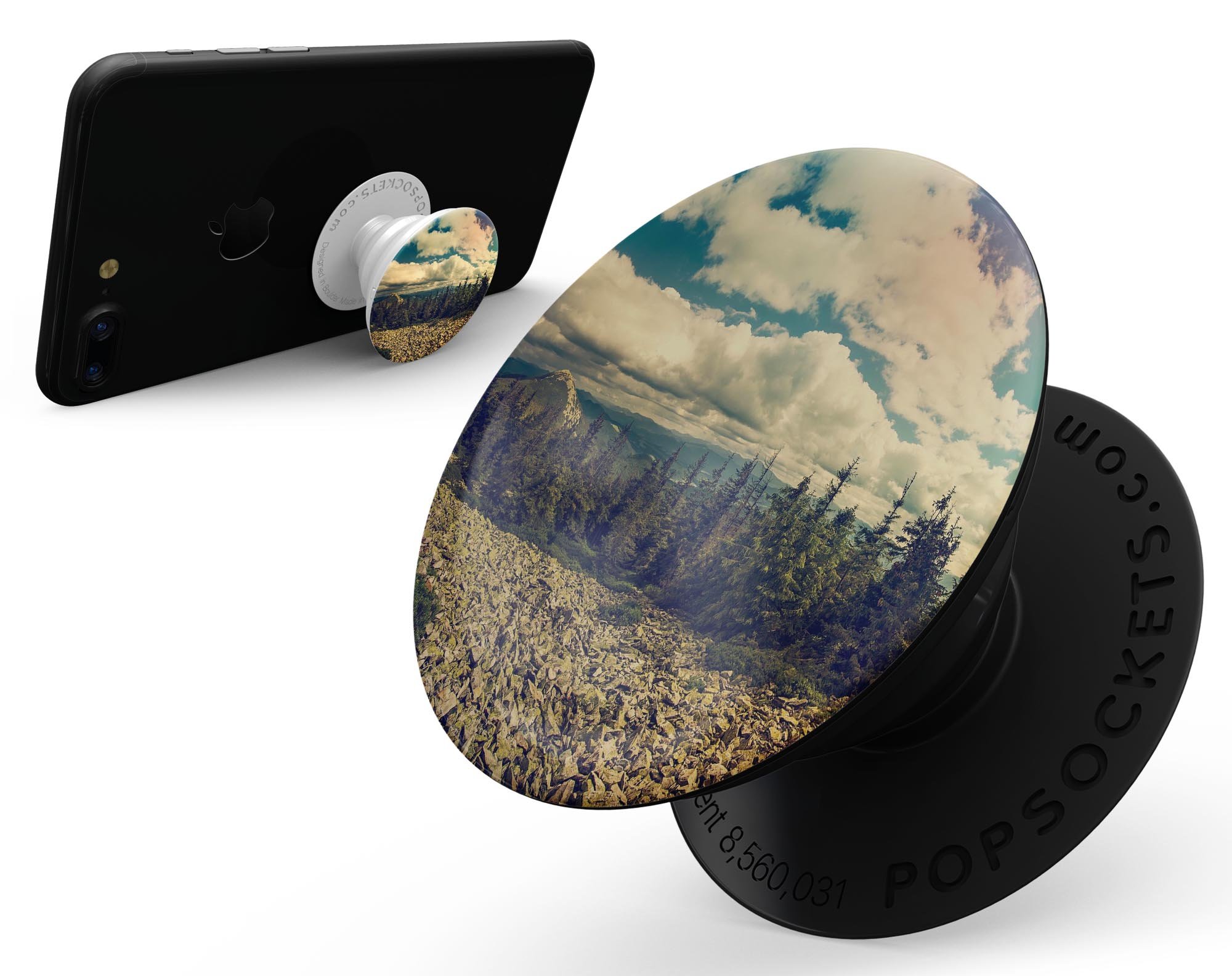 Beautiful Scenic Mountain View Skin Kit for PopSockets, showcasing a vibrant mountain landscape design on premium vinyl.
