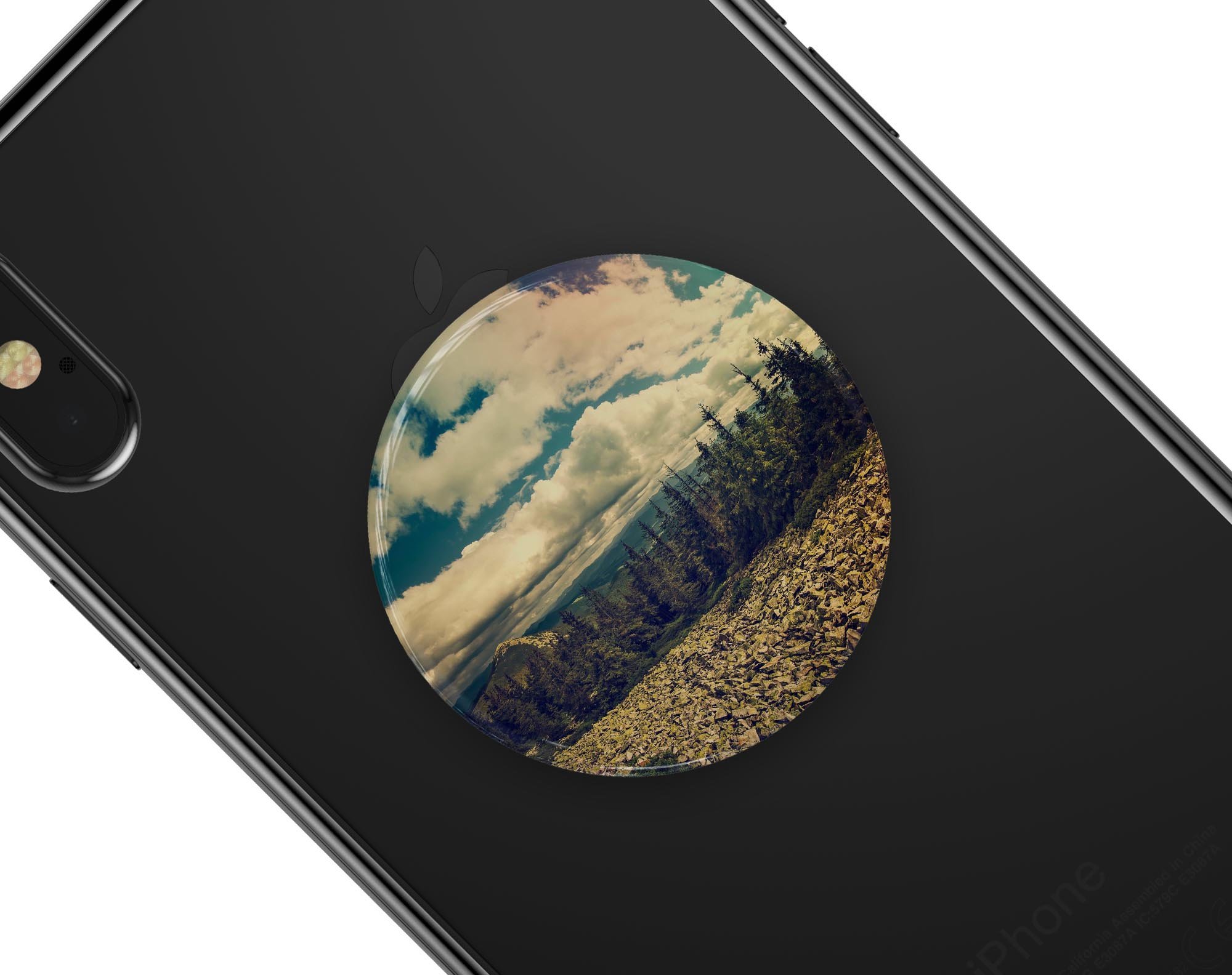 Beautiful Scenic Mountain View Skin Kit for PopSockets, showcasing a vibrant mountain landscape design on premium vinyl.