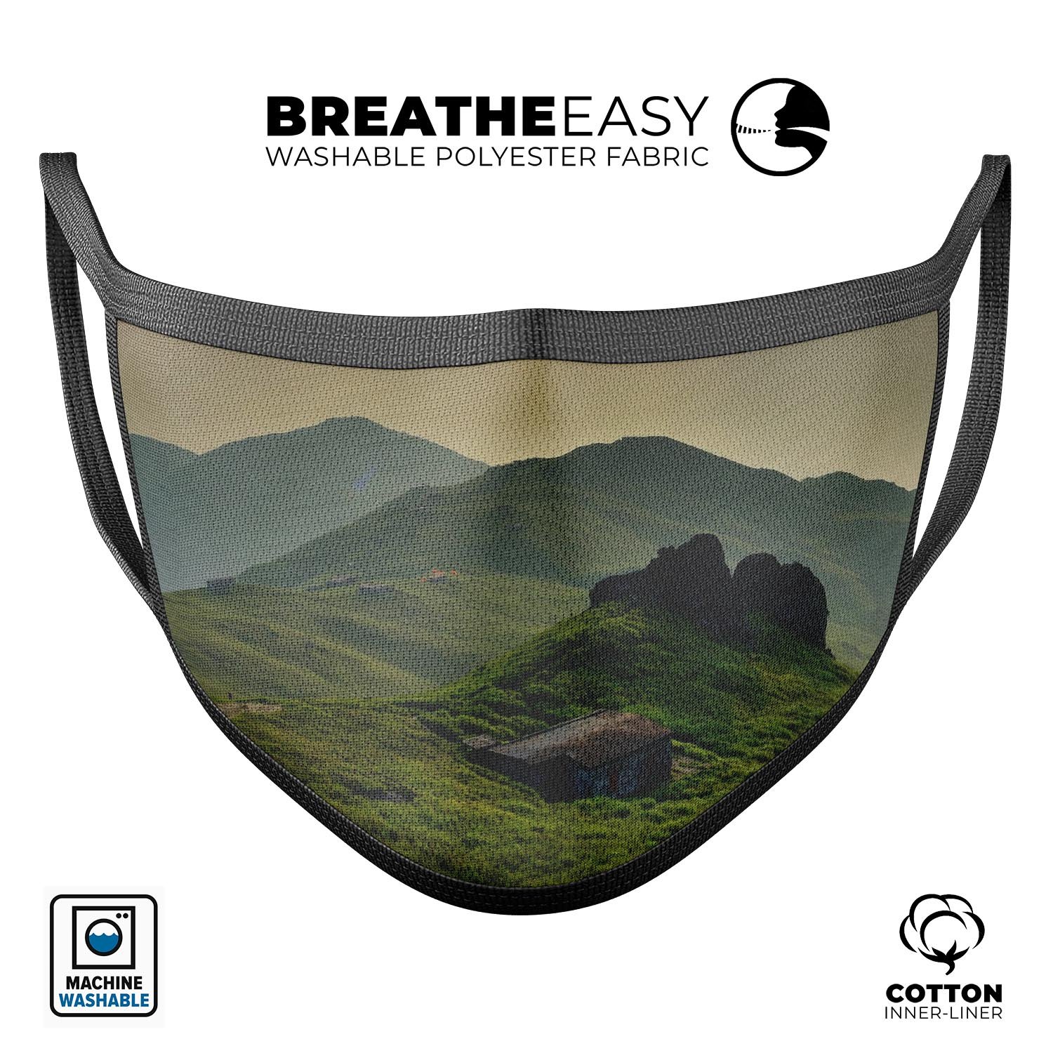 Beautiful Countryside mouth cover, unisex design, made in the USA, featuring adjustable ear loops and a soft cotton interior.