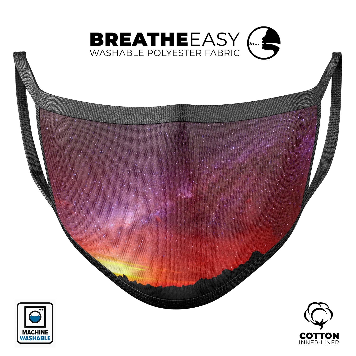 Beautiful Milky Way Sunset face mask, showcasing vibrant colors and a comfortable design, made in the USA.