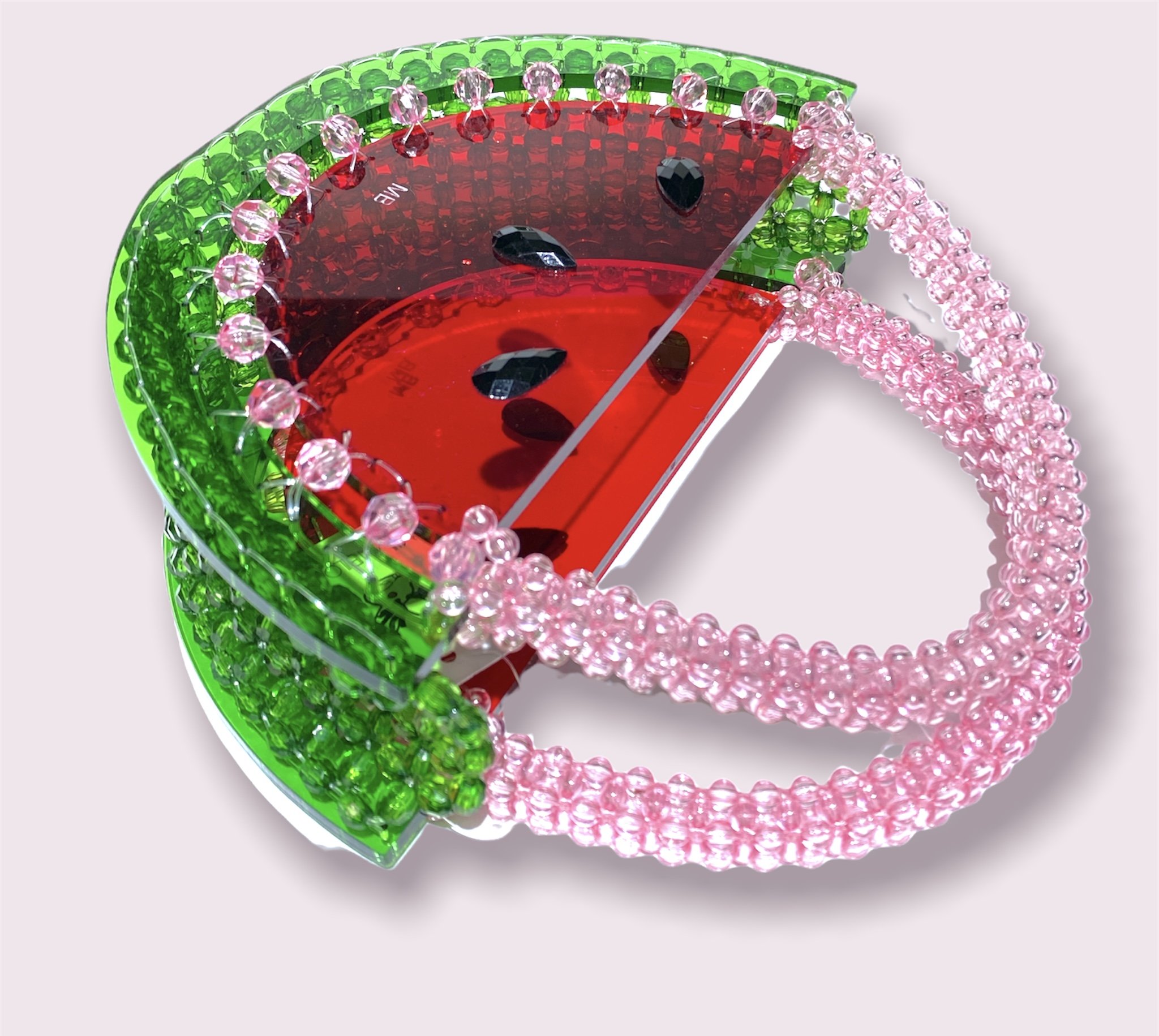 Beautify watermelon handbag featuring a vibrant beaded acrylic design with a 35-inch chain, perfect for summer outings.