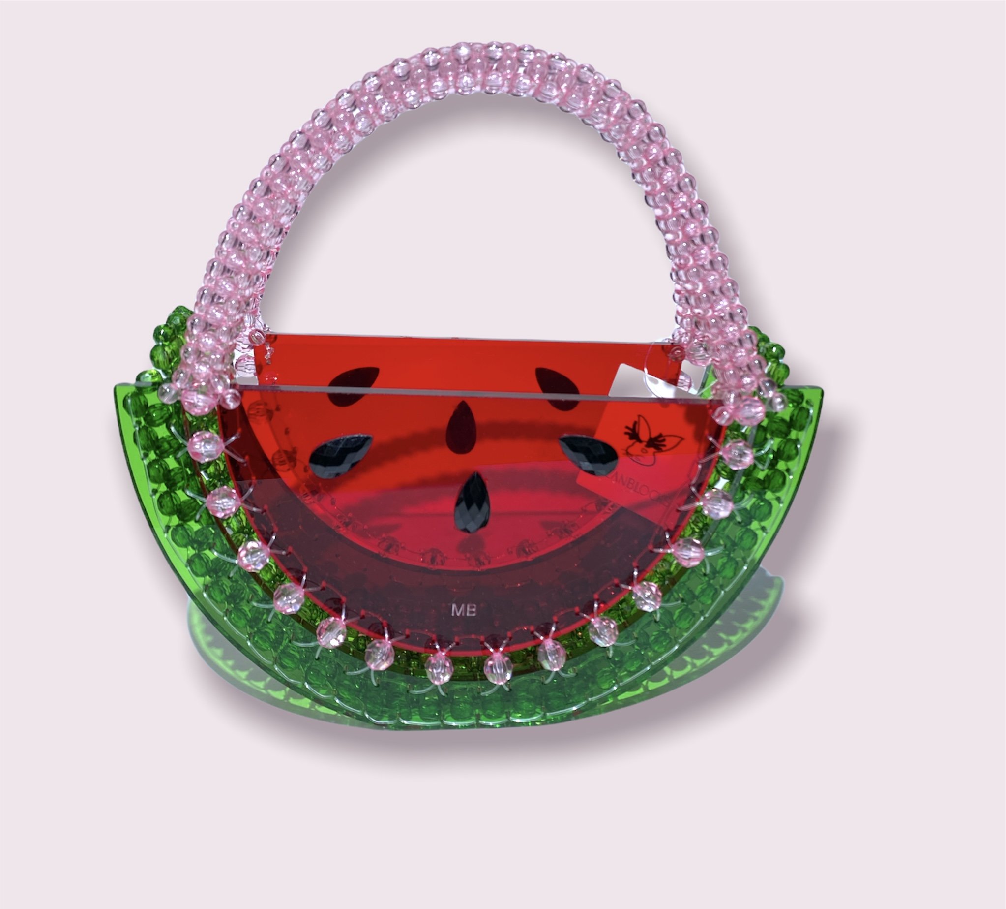 Beautify watermelon handbag featuring a vibrant beaded acrylic design with a 35-inch chain, perfect for summer outings.