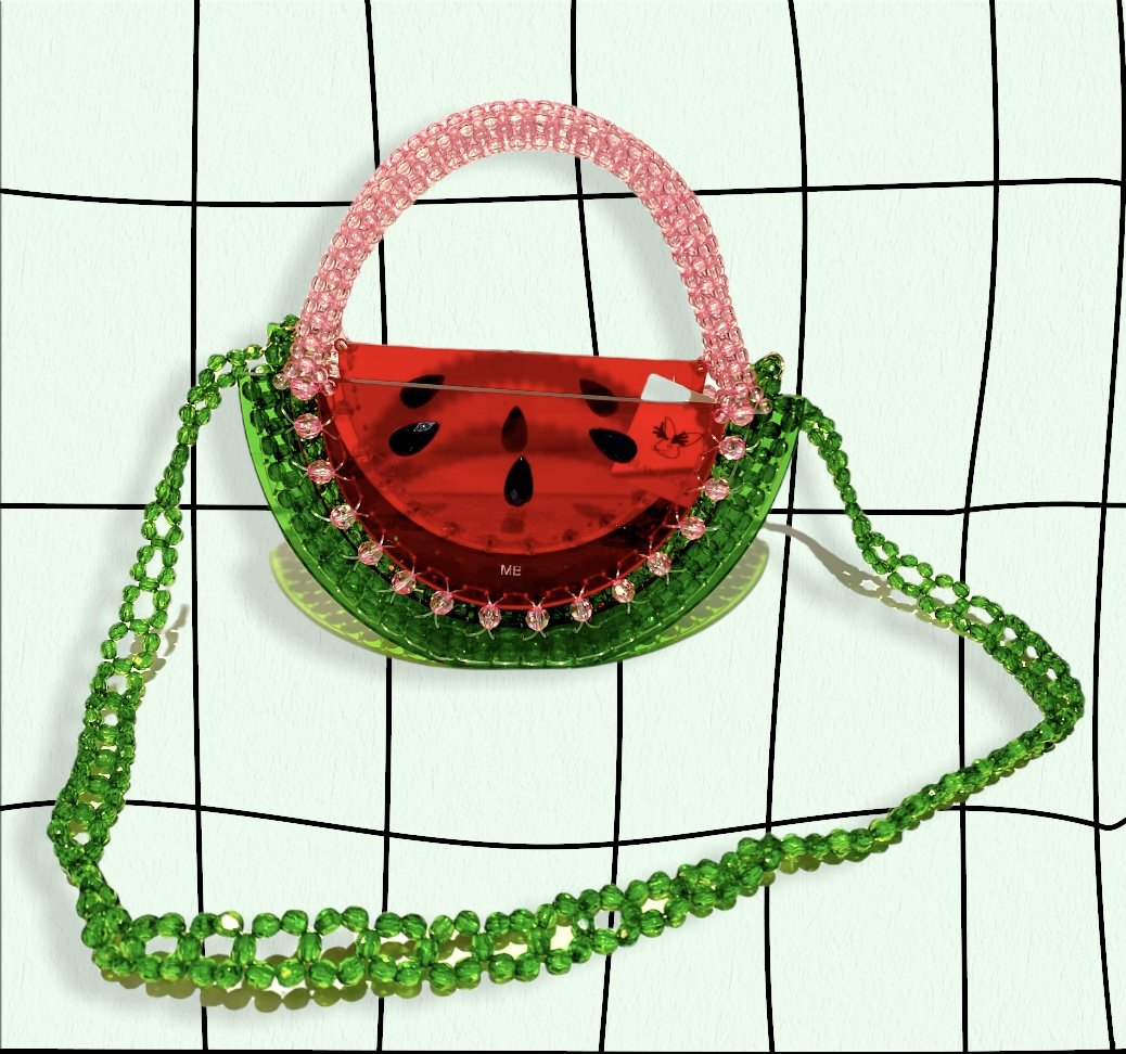 Beautify watermelon handbag featuring a vibrant beaded acrylic design with a 35-inch chain, perfect for summer outings.