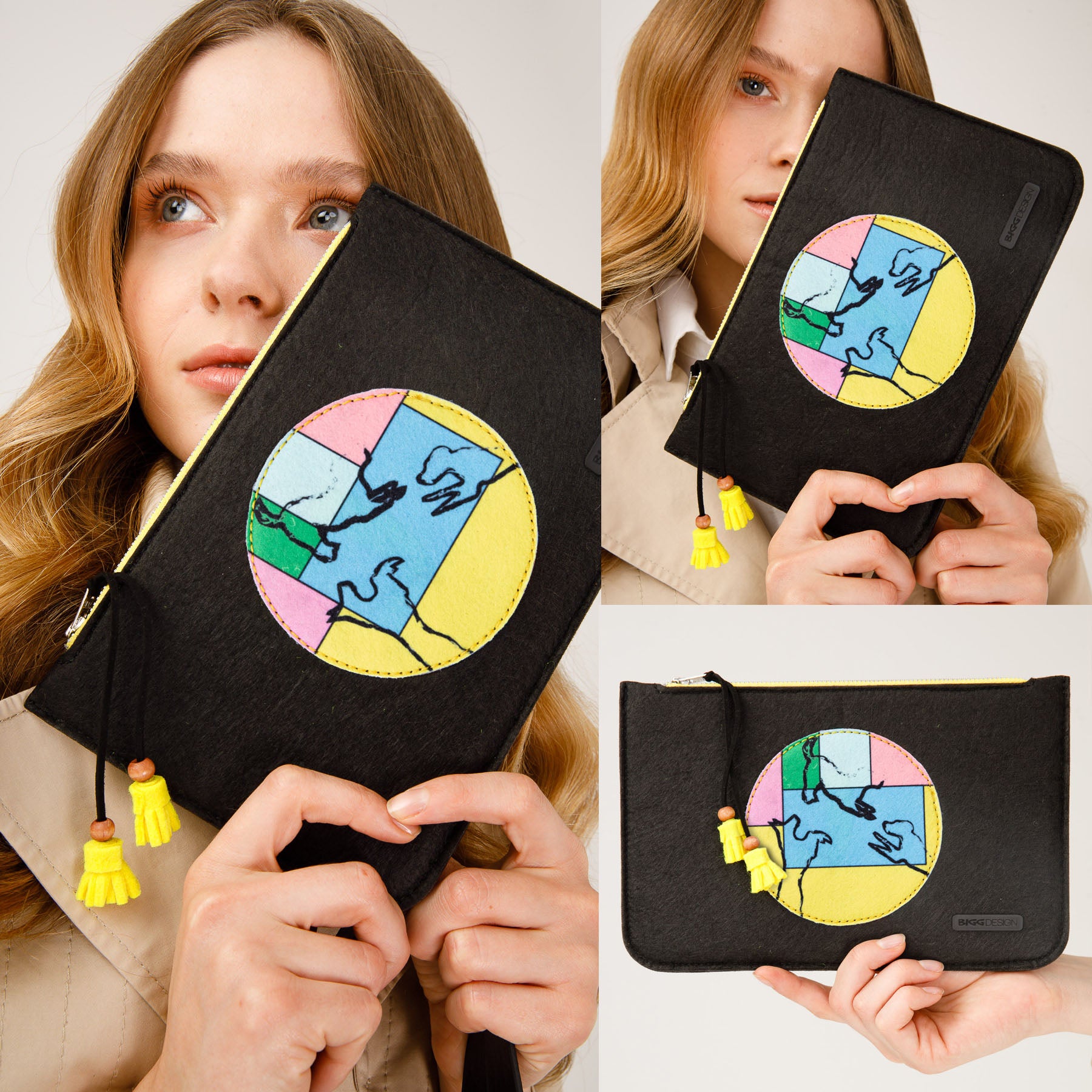 Biggdesign Dogs Filztäschchen mit Reißverschluss in schwarz, dekoriert mit buntem Hundemotiv, ideal für vielseitige Aufbewahrung.