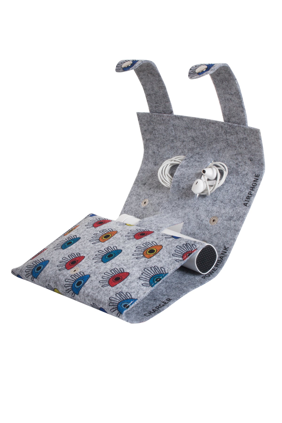 BiggDesign My Eyes On You Filz Mobiler Organizer in grey felt, featuring artistic design by Canan Berber, ideal for organizing tech accessories.