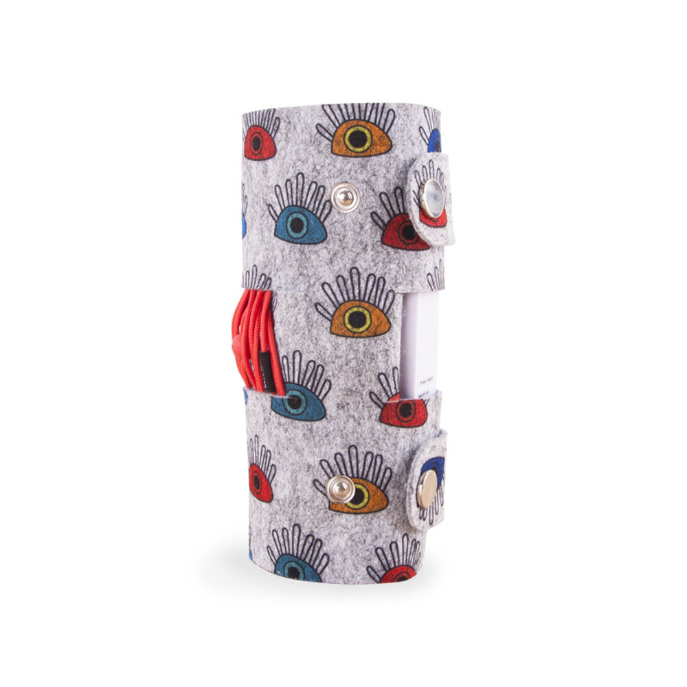 BiggDesign My Eyes On You Filz Mobiler Organizer in grey felt, featuring artistic design by Canan Berber, ideal for organizing tech accessories.