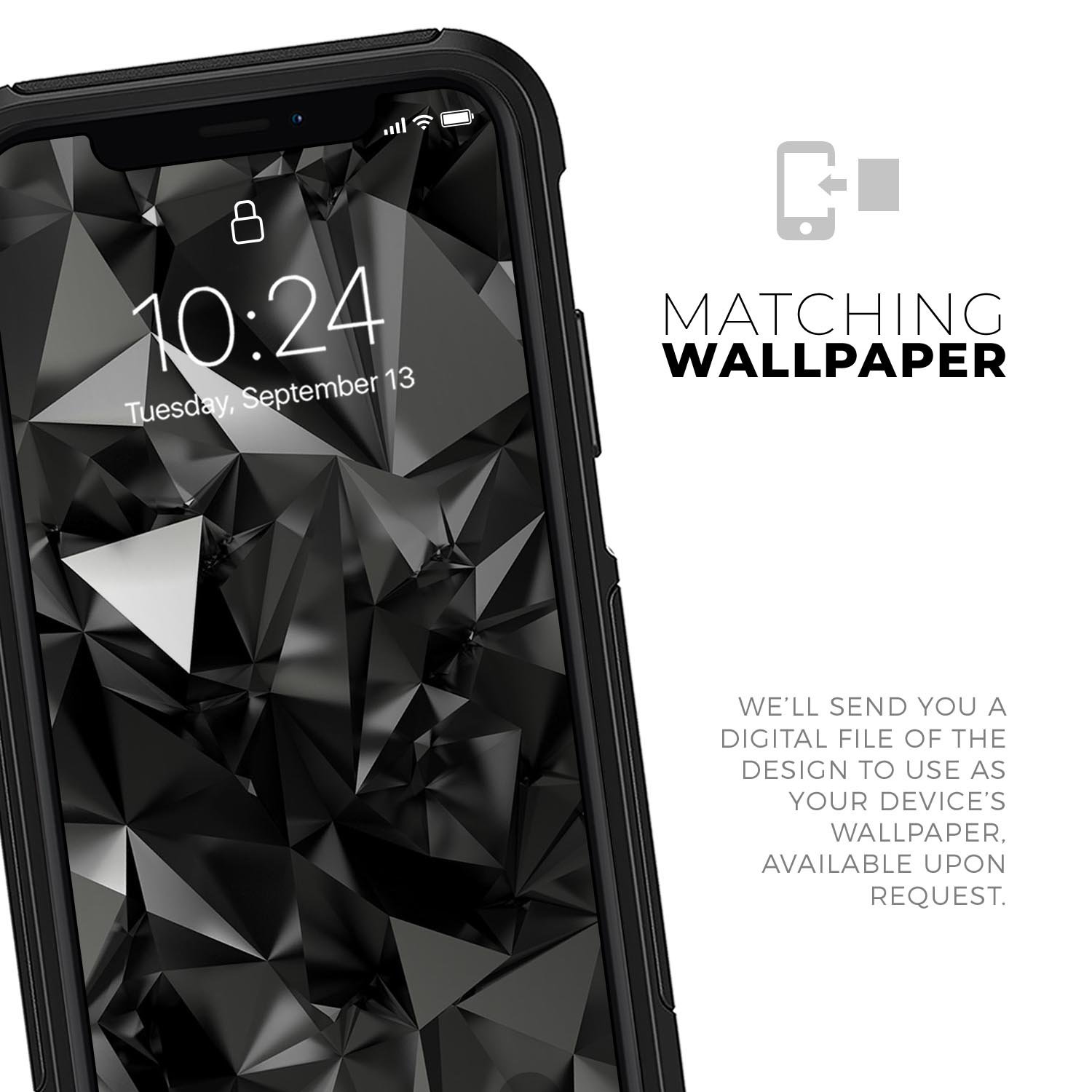 Black 3D diamond surface skin kit for iPhone OtterBox cases, showcasing its sleek design and premium quality.