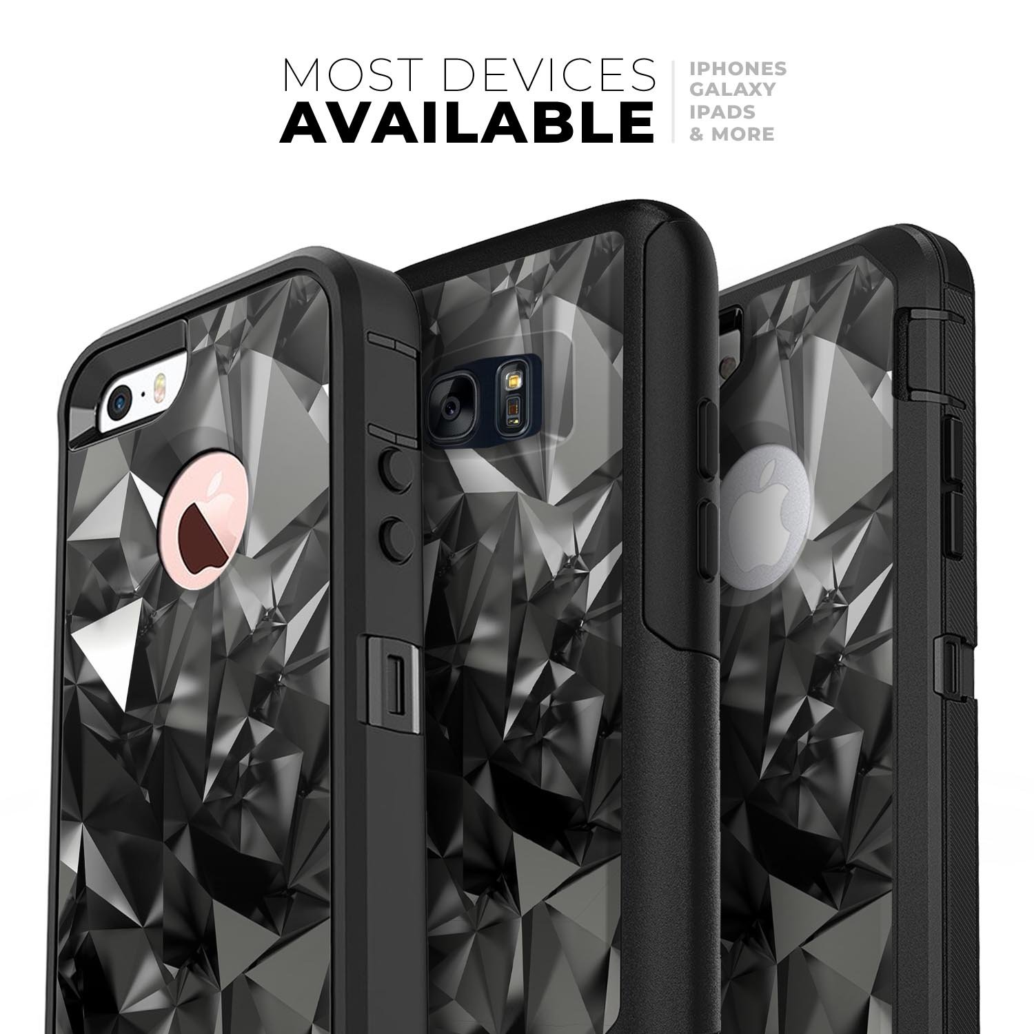 Black 3D diamond surface skin kit for iPhone OtterBox cases, showcasing its sleek design and premium quality.