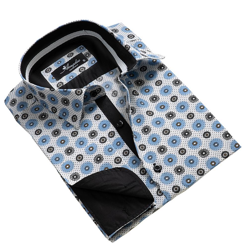Black and blue circles mens slim fit French cuff shirt with cufflinks, showcasing a stylish spread collar and designer cuffs.