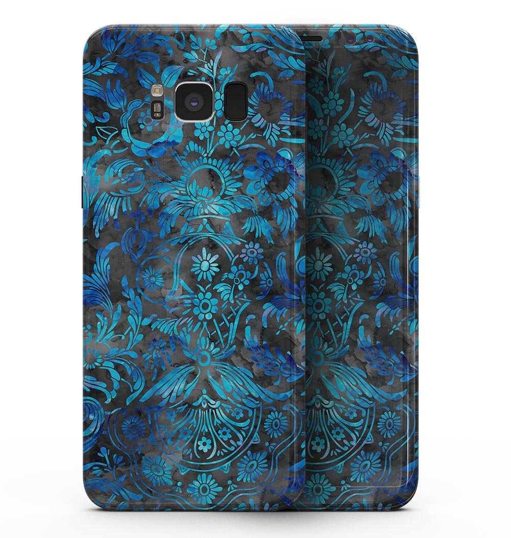 Samsung Galaxy S8 with Black and Blue Damask Watercolor Pattern skin, showcasing vibrant colors and intricate design.
